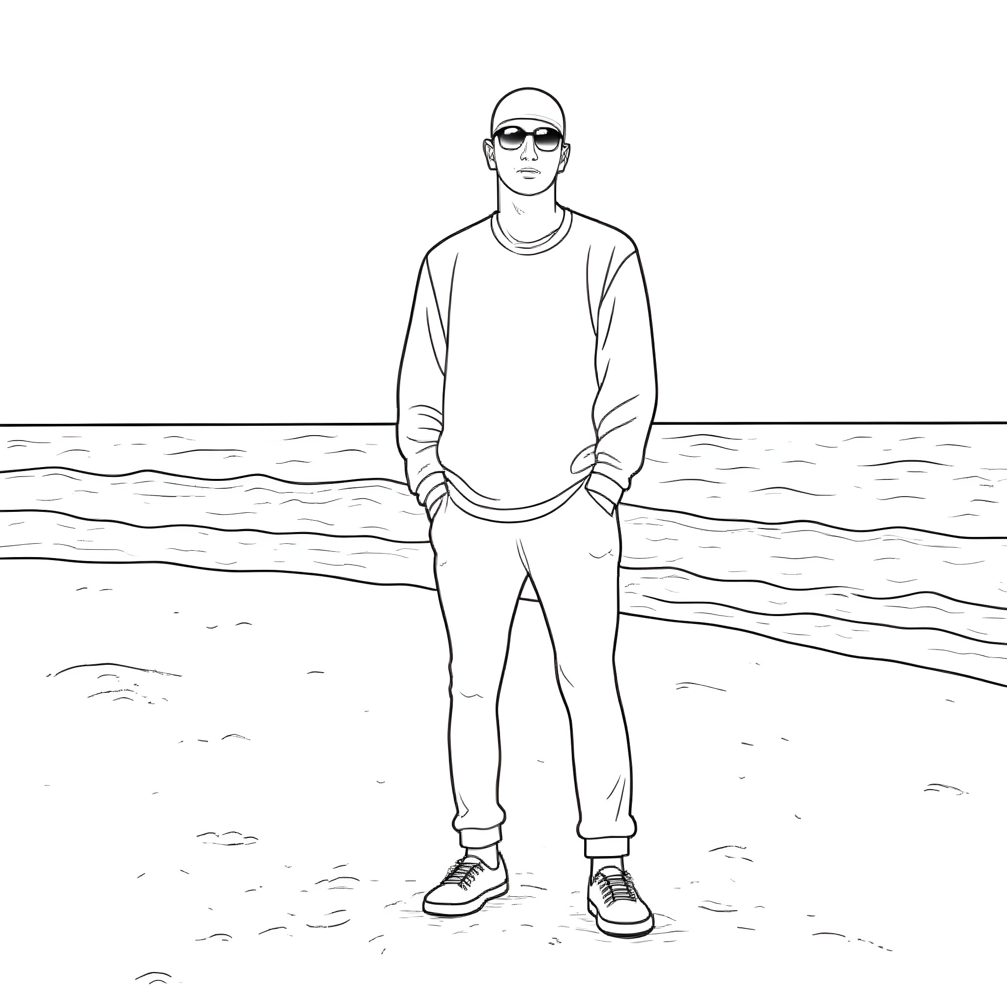 Eminem standing casually on the beach Coloring Page (free black-and-white line drawing printable PDF for all, from beginners to advanced learners, including children, teens, adults, and seniors)