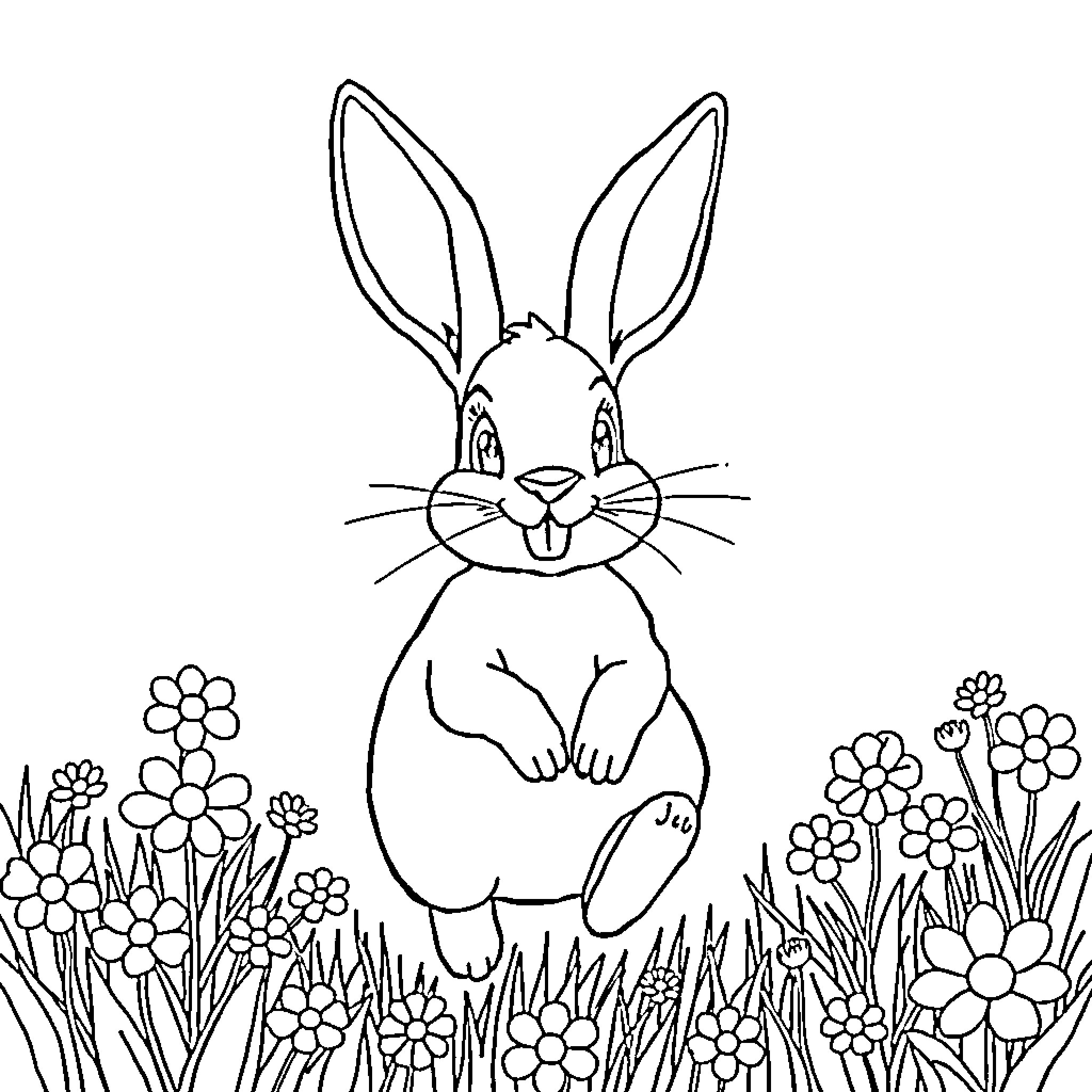 Rabbit sitting amidst a floral garden Coloring Page (free black-and-white line drawing printable PDF for all, from beginners to advanced learners, including children, teens, adults, and seniors)