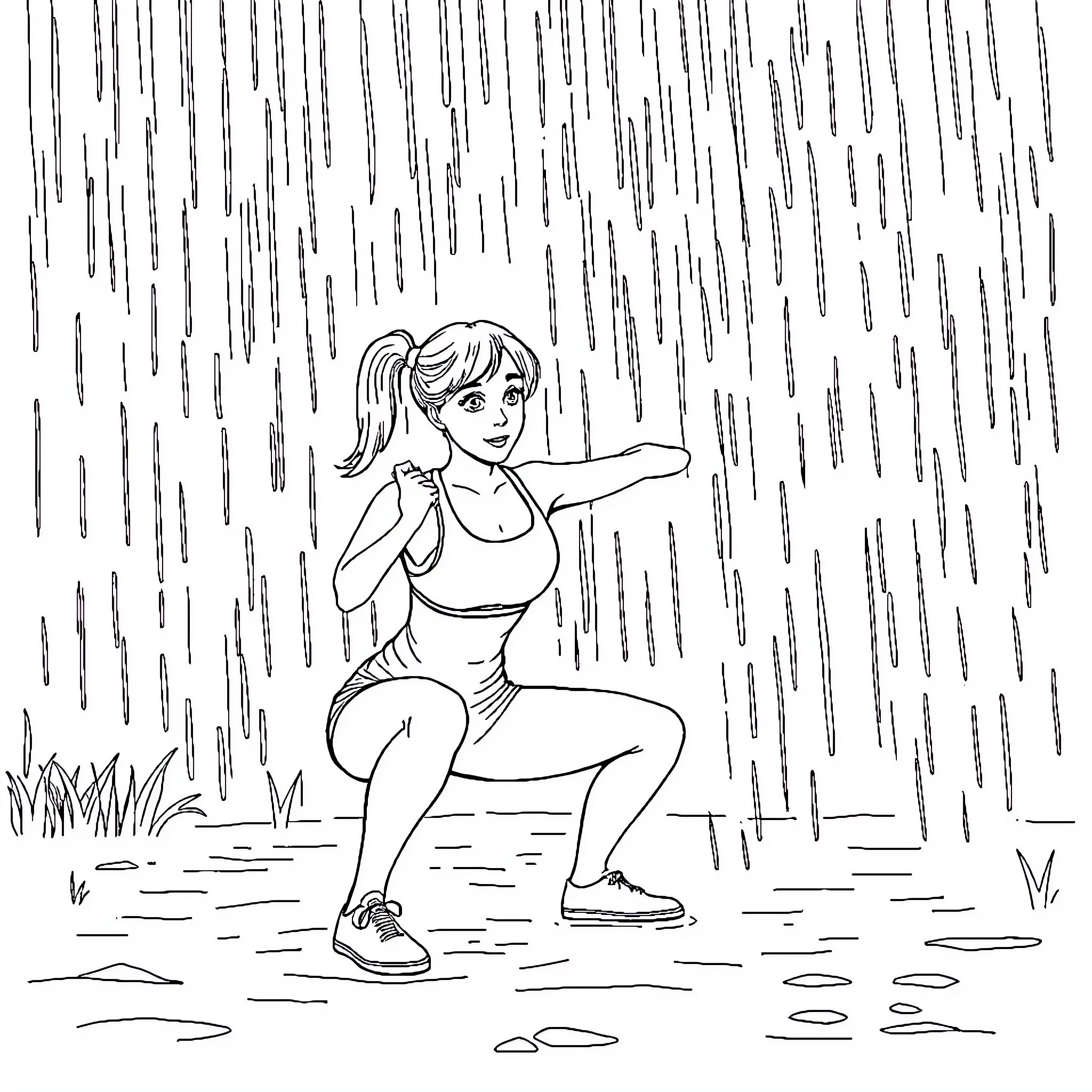 Sophie exercising in the rain Coloring Page (free black-and-white line drawing printable PDF for all, from beginners to advanced learners, including children, teens, adults, and seniors)