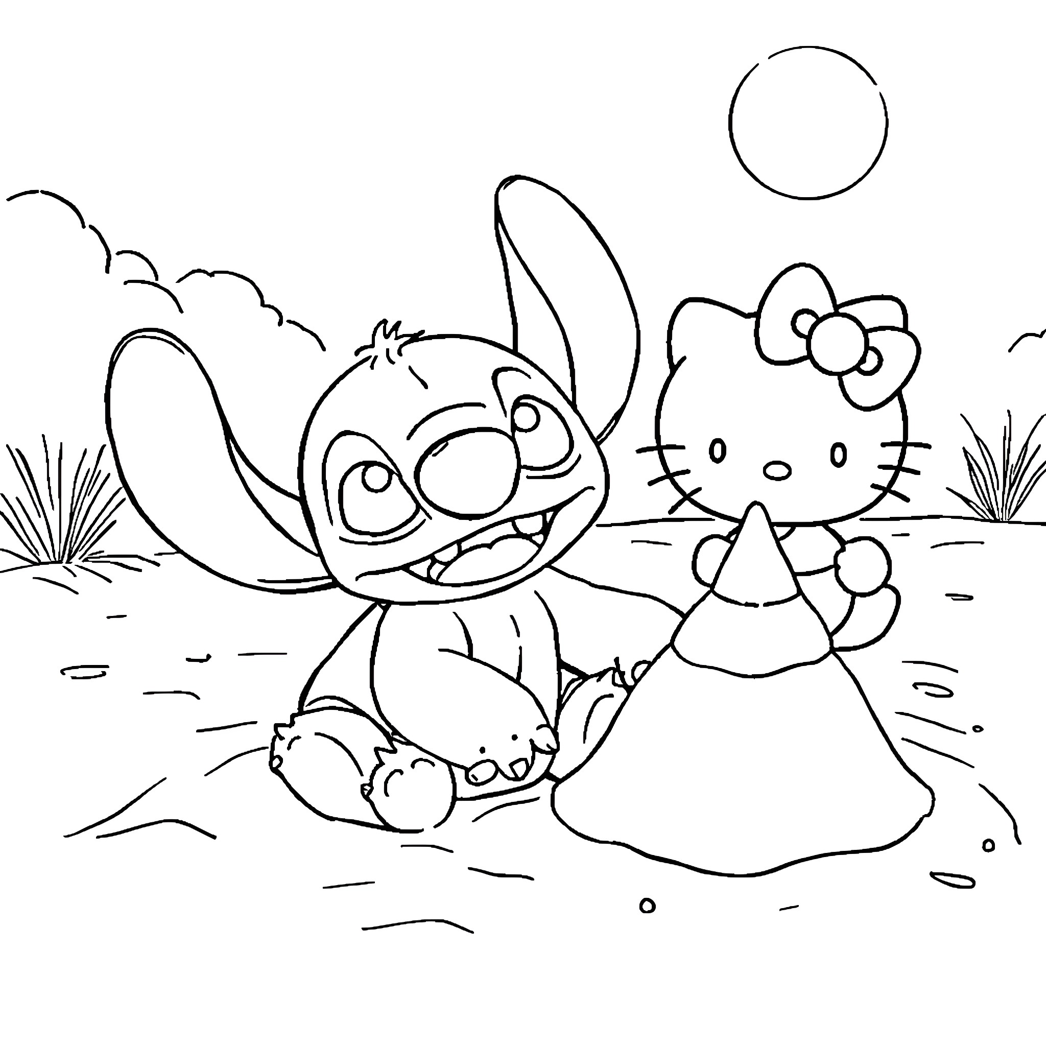 Stitch and Hello Kitty playing in the park Coloring Page (free black-and-white line drawing printable PDF for all, from beginners to advanced learners, including children, teens, adults, and seniors)