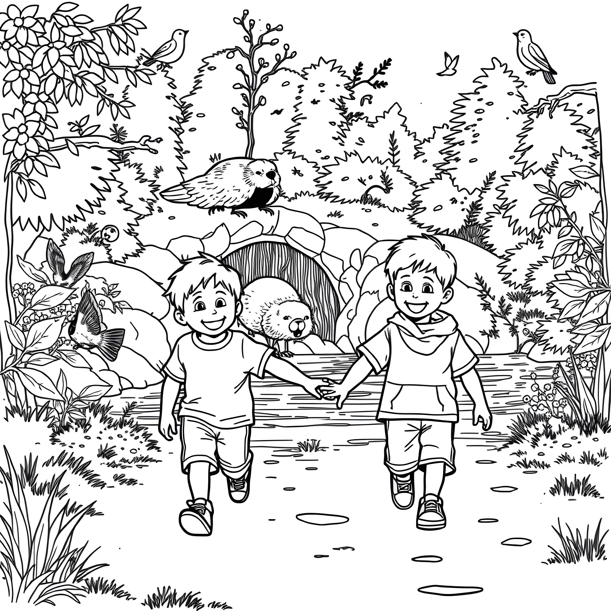 Boy and girl playing happily in the forest Coloring Page (free black-and-white line drawing printable PDF for all, from beginners to advanced learners, including children, teens, adults, and seniors)