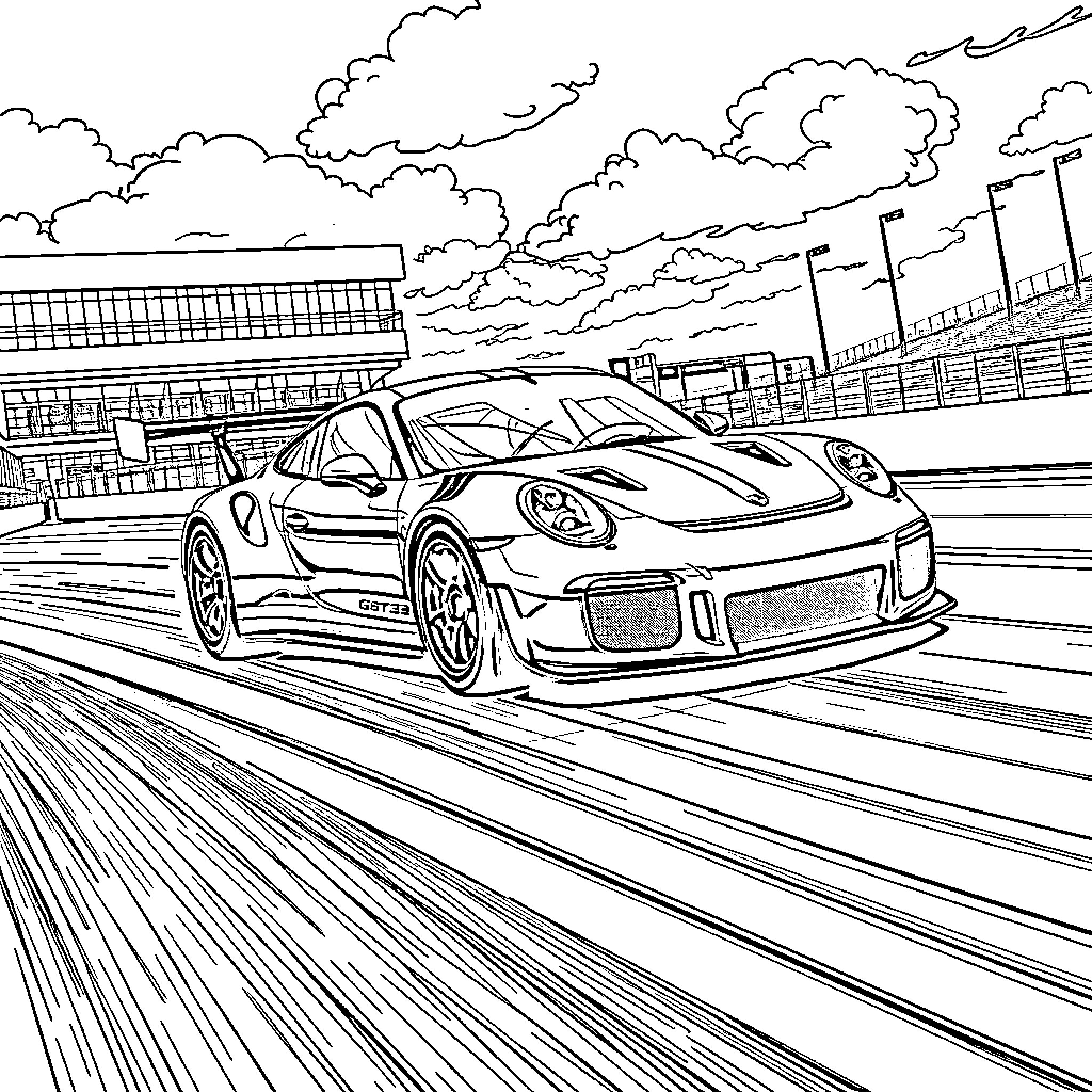 Porsche racing on the circuit track Coloring Page (free black-and-white line drawing printable PDF for all, from beginners to advanced learners, including children, teens, adults, and seniors)