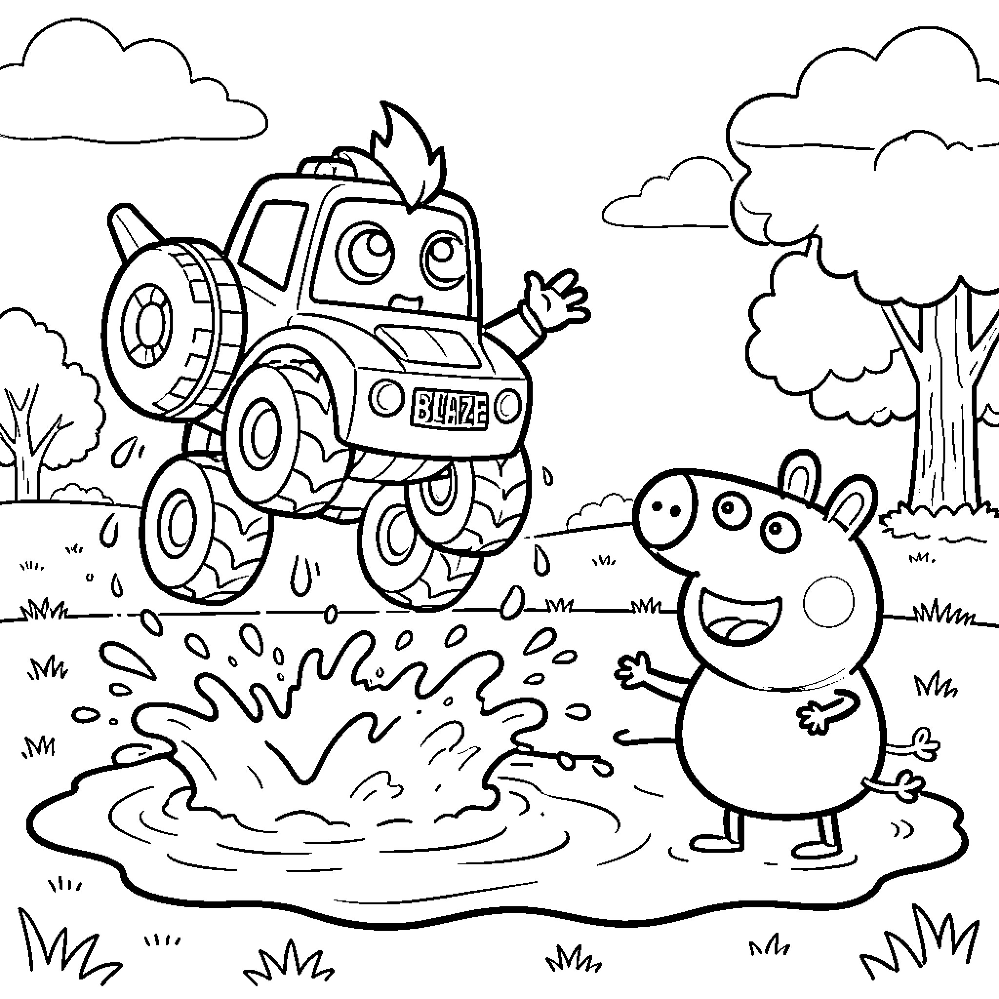 Blaze jumping joyfully through a large water puddle Coloring Page (free black-and-white line drawing printable PDF for all, from beginners to advanced learners, including children, teens, adults, and seniors)
