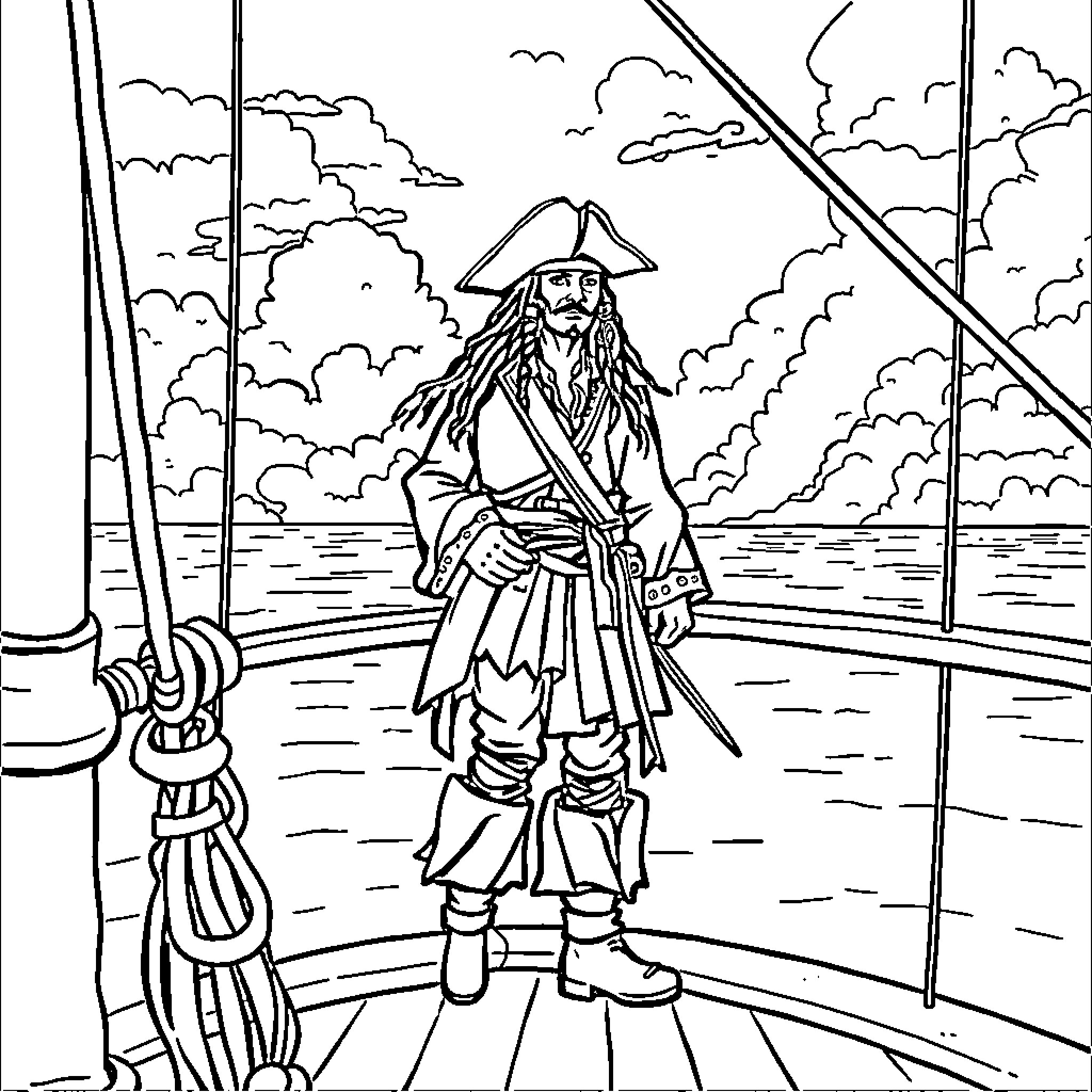 Captain Jack Sparrow commanding his ship on the high seas Coloring Page (free black-and-white line drawing printable PDF for all, from beginners to advanced learners, including children, teens, adults, and seniors)