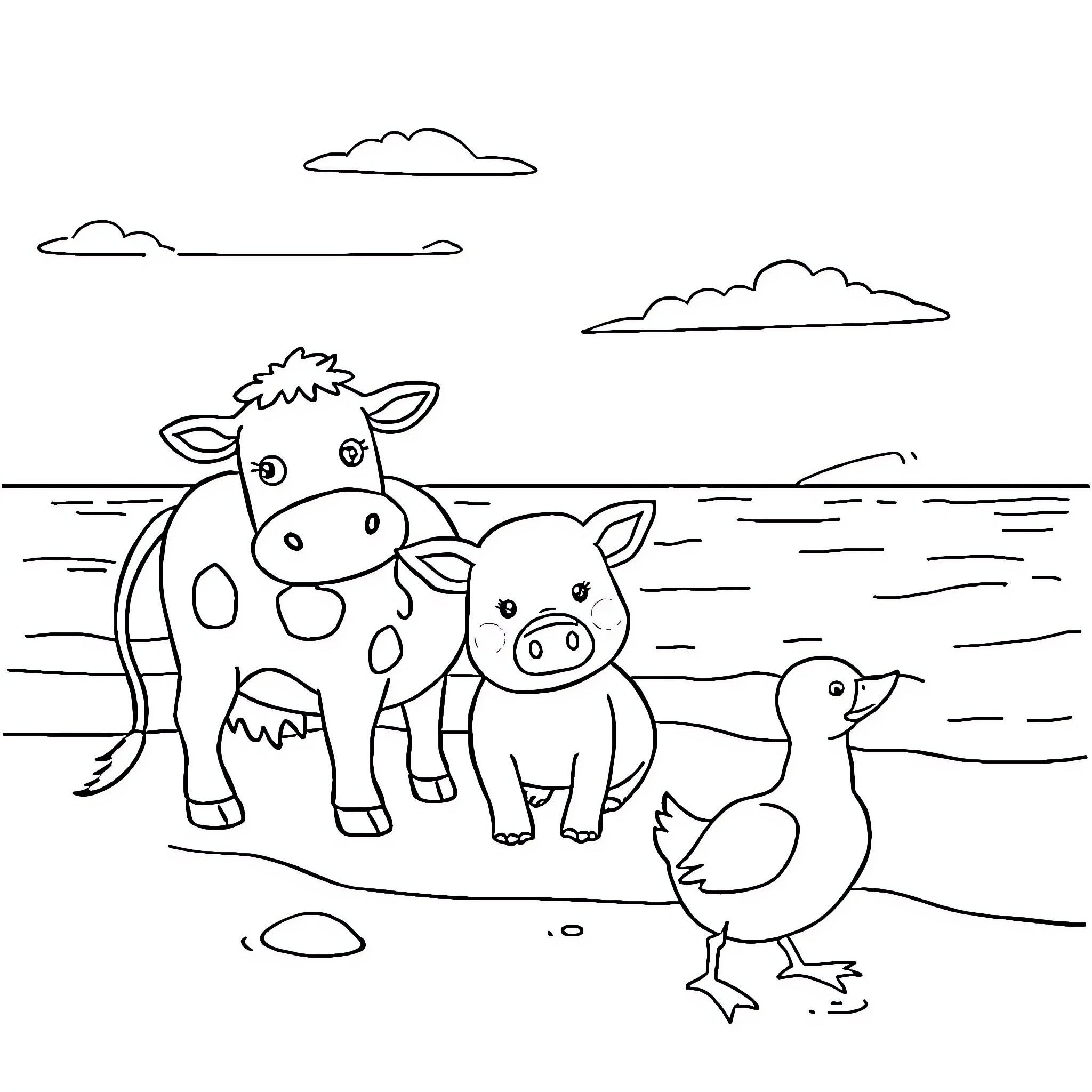 Farm Animals Enjoying a Sunny Day Coloring Page (free black-and-white line drawing printable PDF for all, from beginners to advanced learners, including children, teens, adults, and seniors)