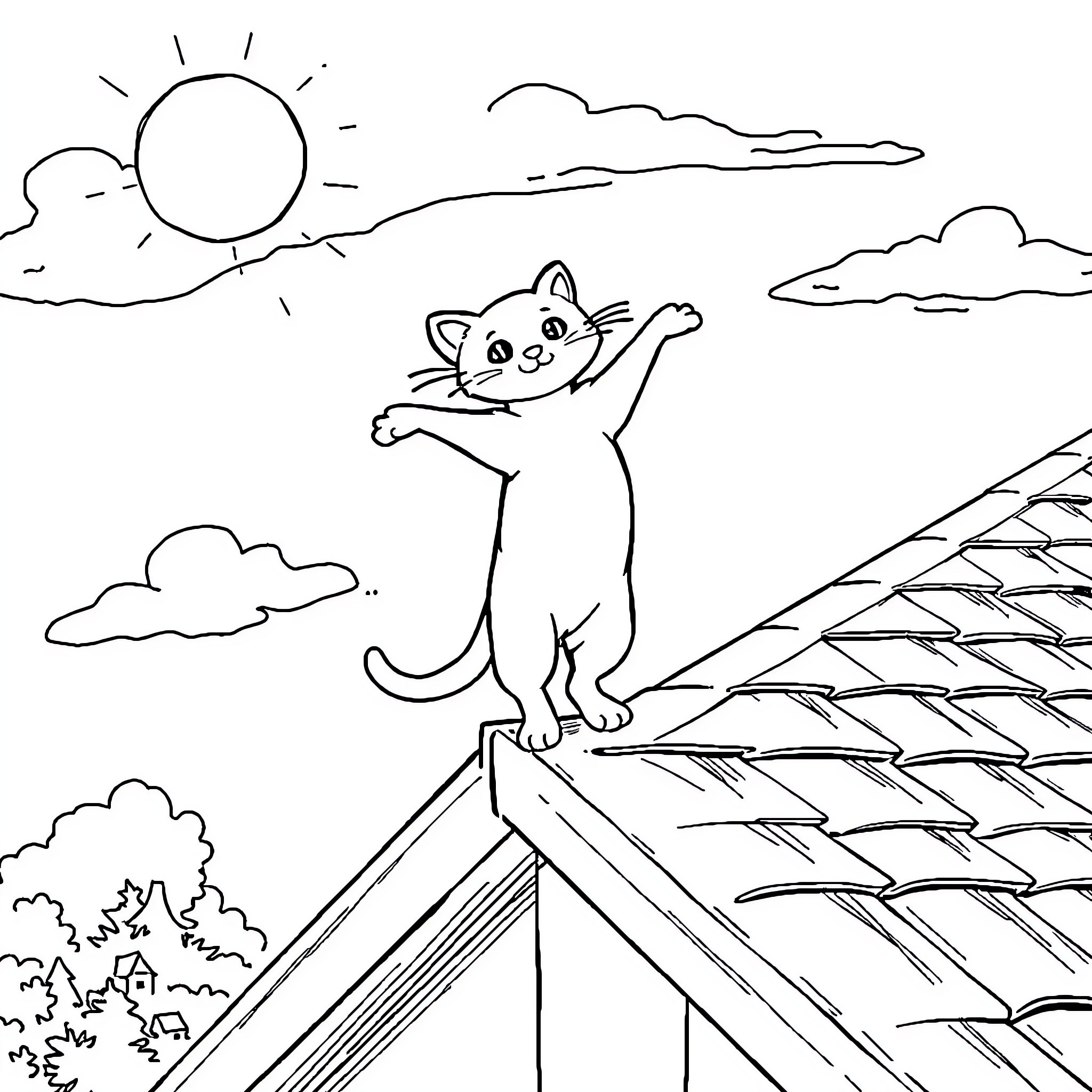 Cat stretching on a roof in the sunshine Coloring Page (free black-and-white line drawing printable PDF for all, from beginners to advanced learners, including children, teens, adults, and seniors)