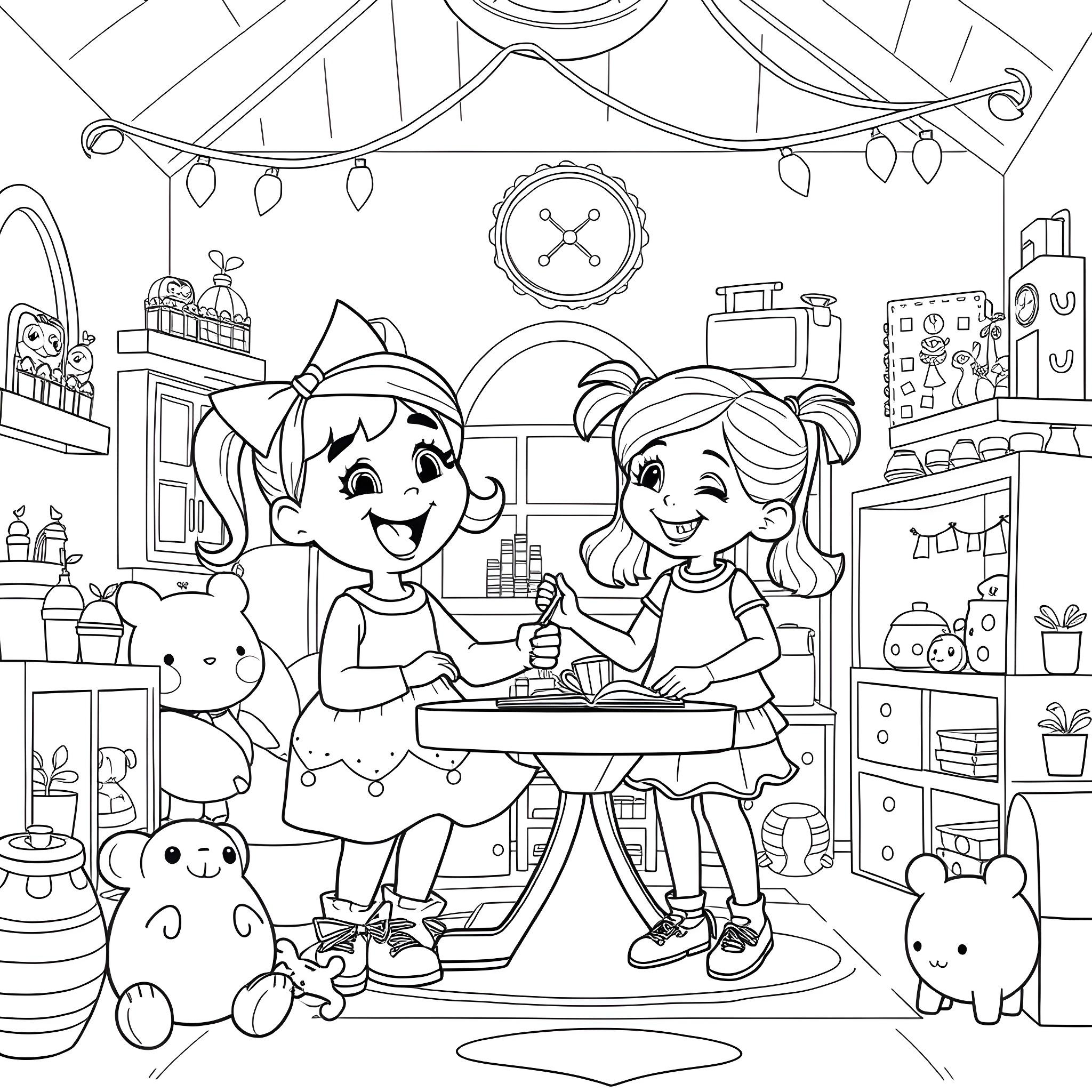 Gabby and her friend baking cookies in the cozy kitchen Coloring Page (free black-and-white line drawing printable PDF for all, from beginners to advanced learners, including children, teens, adults, and seniors)