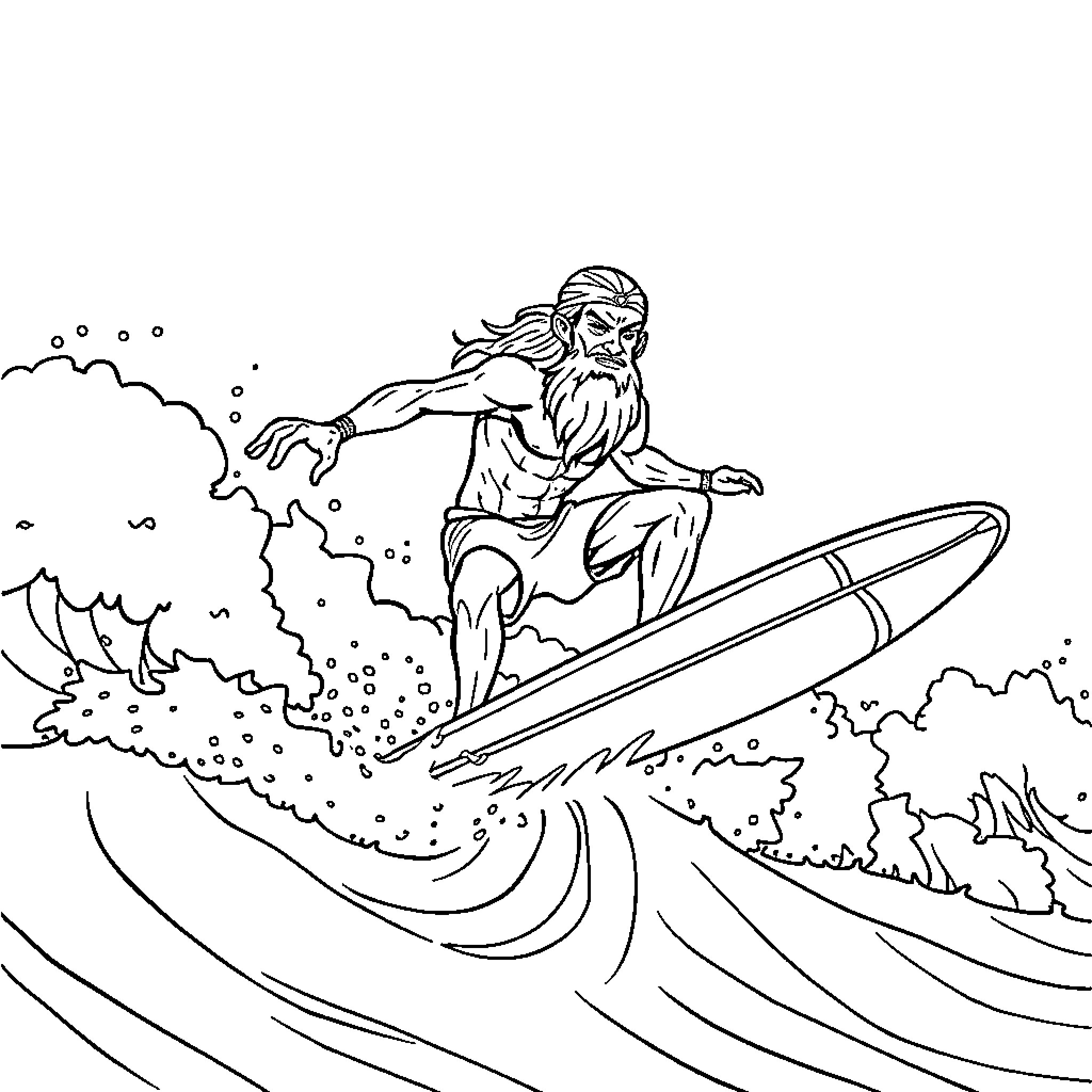Vecna surfing the waves with powerful motions Coloring Page (free black-and-white line drawing printable PDF for all, from beginners to advanced learners, including children, teens, adults, and seniors)