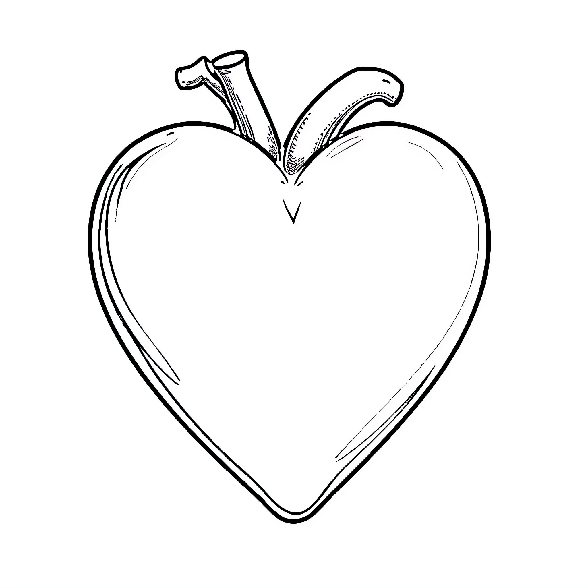 Heart-shaped apple with stem Coloring Page (free black-and-white line drawing printable PDF for all, from beginners to advanced learners, including children, teens, adults, and seniors)