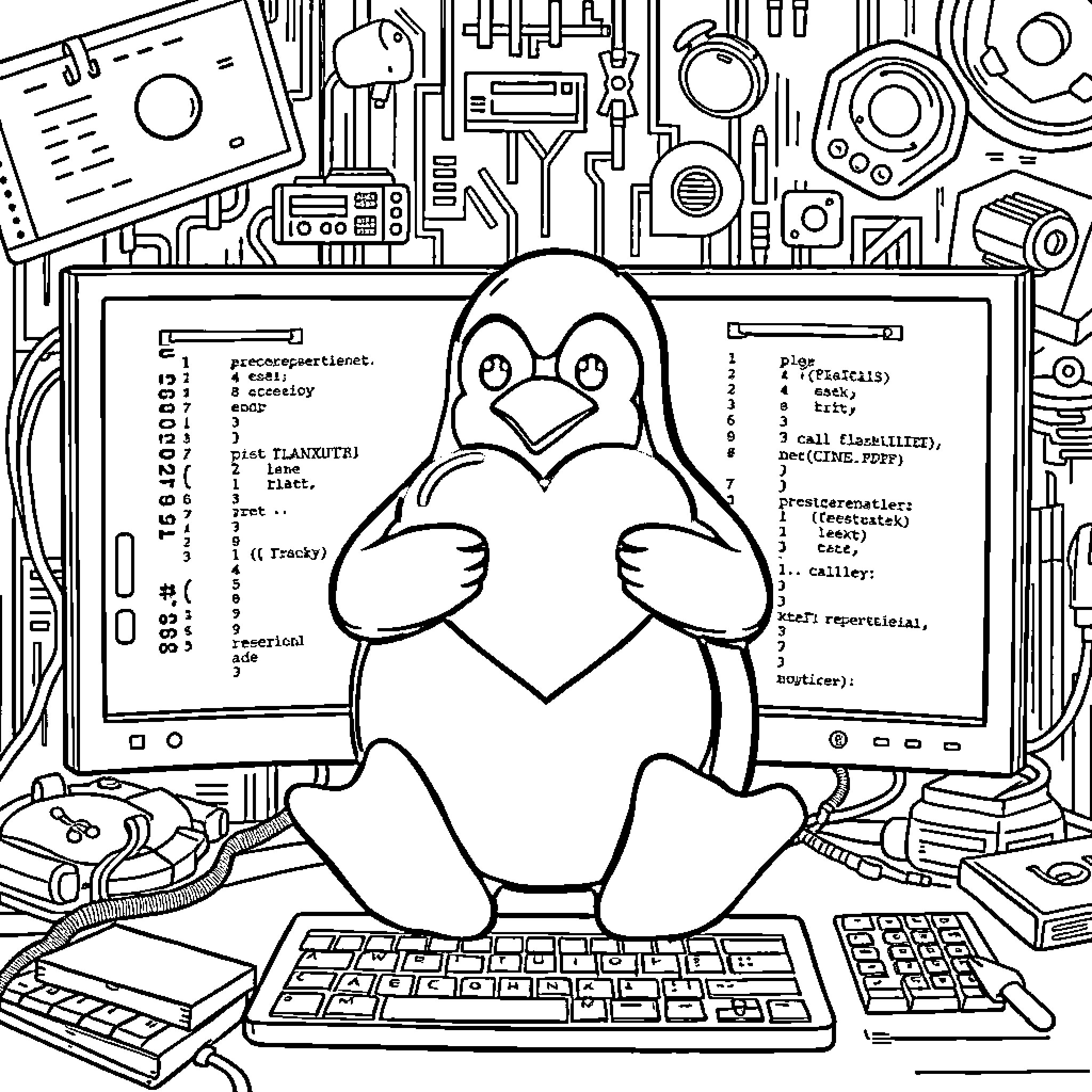 Penguin working diligently at computer desk Coloring Page (free black-and-white line drawing printable PDF for all, from beginners to advanced learners, including children, teens, adults, and seniors)