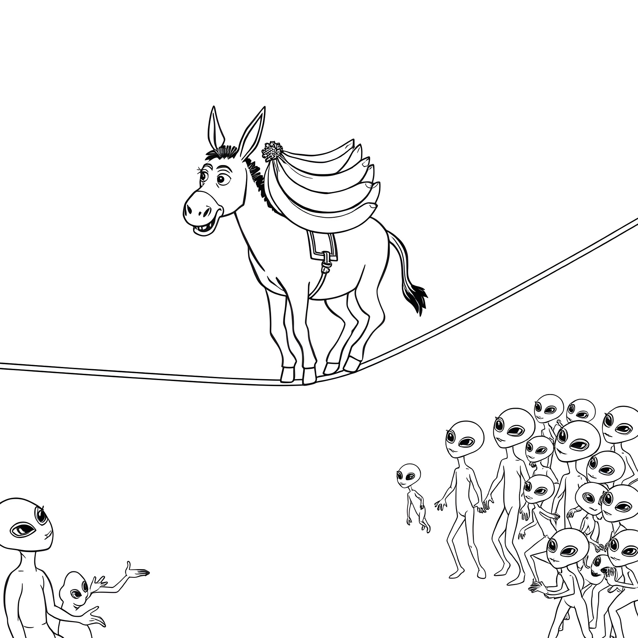 Donkey balancing on a tightrope above alien spectators Coloring Page (free black-and-white line drawing printable PDF for all, from beginners to advanced learners, including children, teens, adults, and seniors)