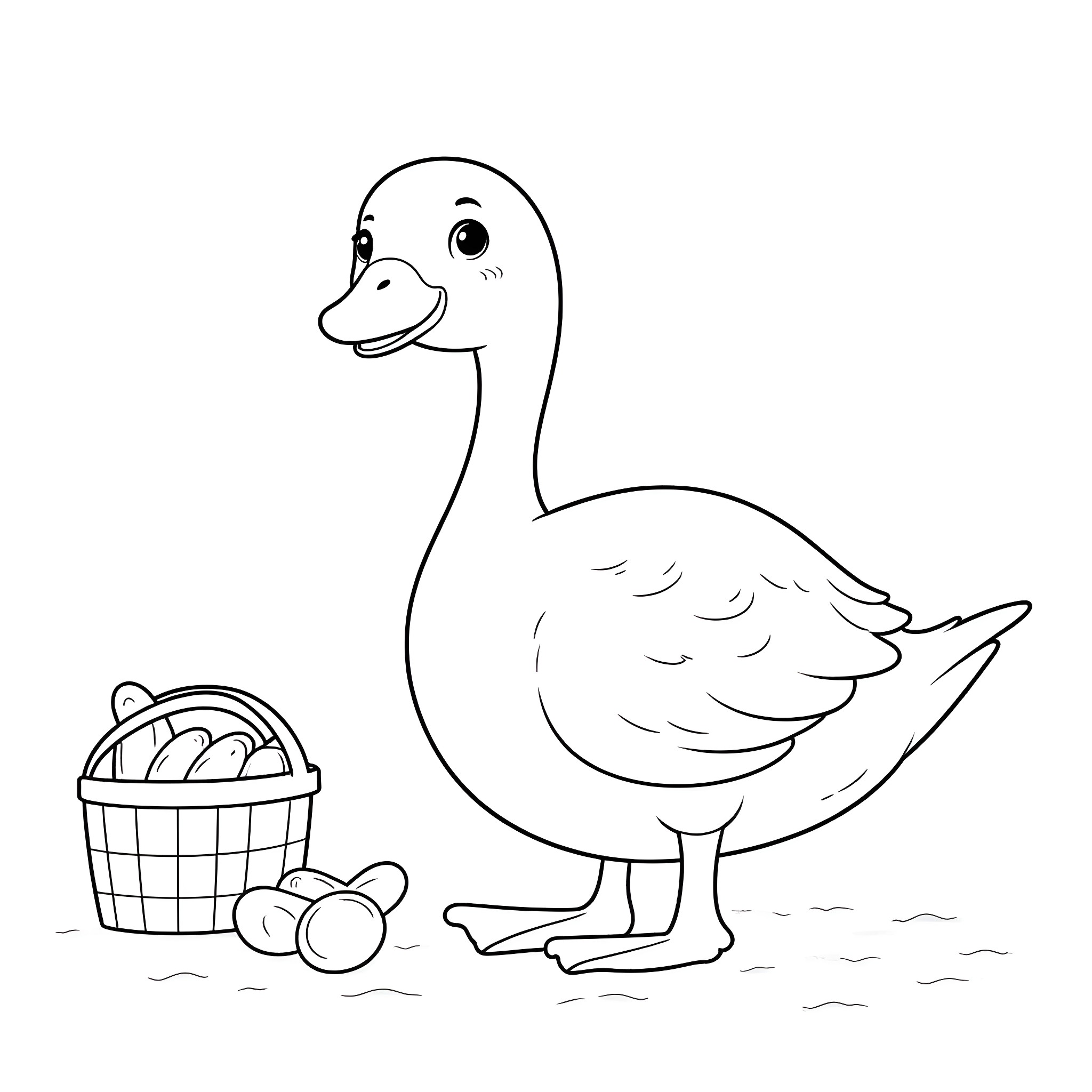 Goose with a basket of eggs Coloring Page (free black-and-white line drawing printable PDF for all, from beginners to advanced learners, including children, teens, adults, and seniors)