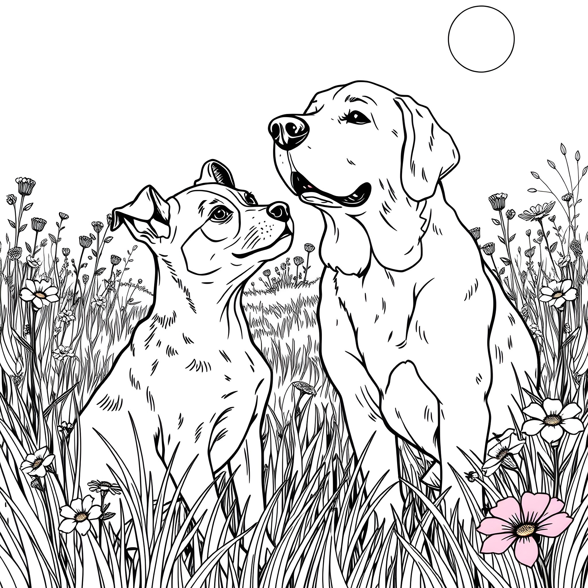 Dogs playing in floral meadow Coloring Page (free black-and-white line drawing printable PDF for all, from beginners to advanced learners, including children, teens, adults, and seniors)