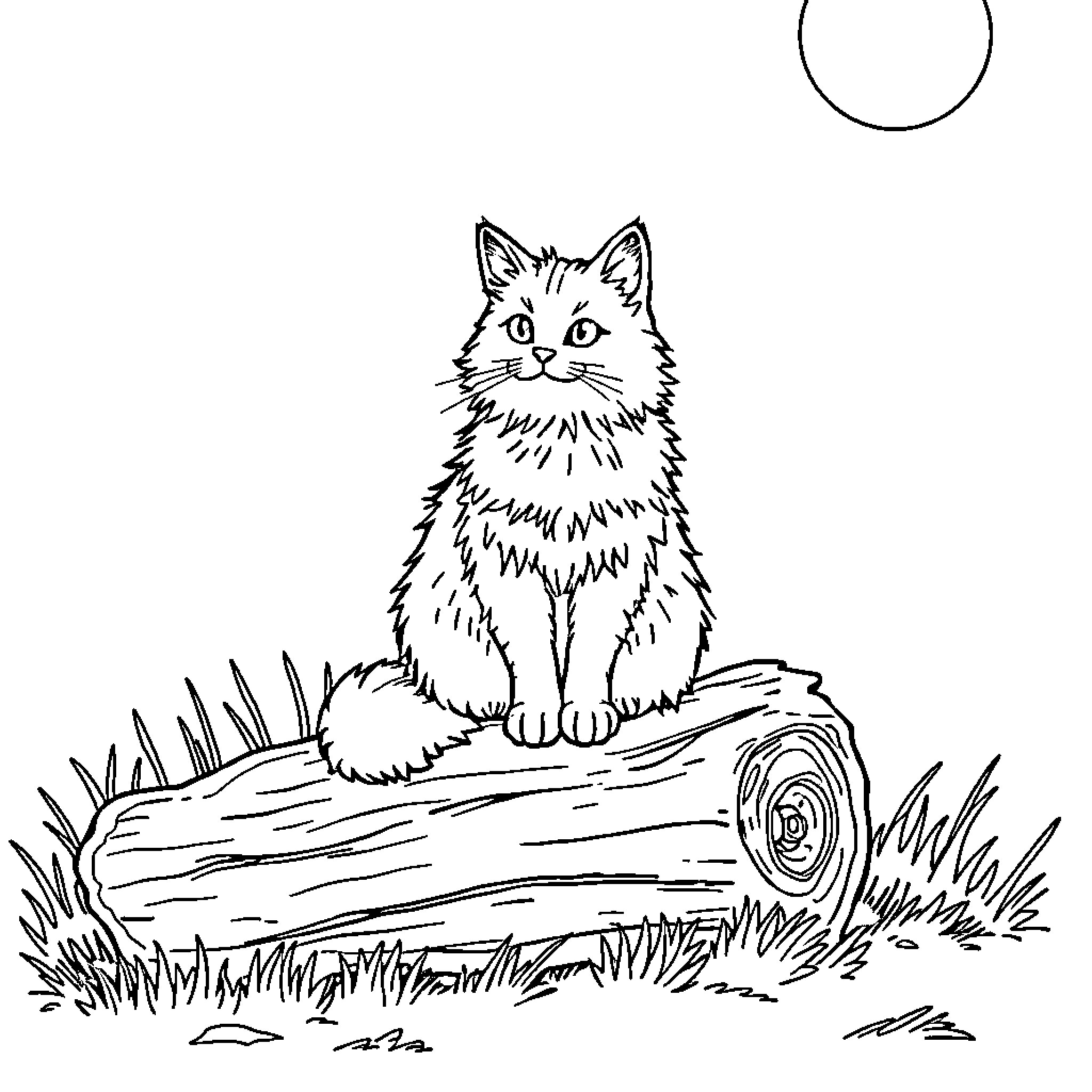 Cat sitting on a log in the forest Coloring Page (free black-and-white line drawing printable PDF for all, from beginners to advanced learners, including children, teens, adults, and seniors)