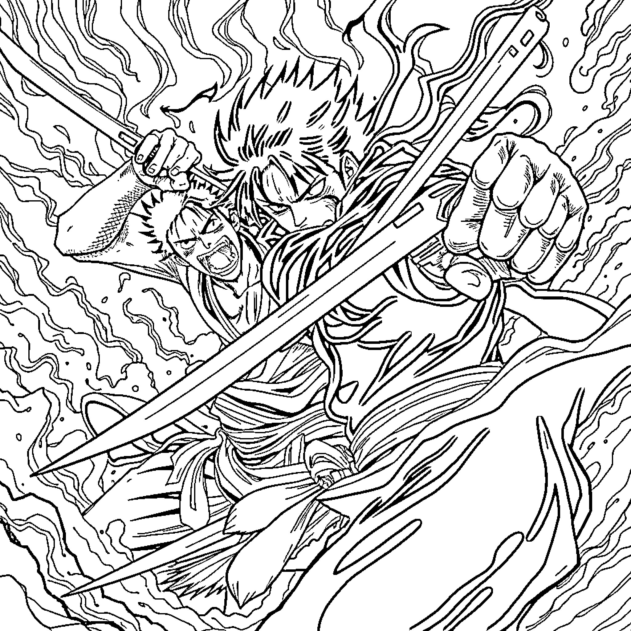 Roronoa Zoro's Fierce Battle Coloring Page (free black-and-white line drawing printable PDF for all, from beginners to advanced learners, including children, teens, adults, and seniors)