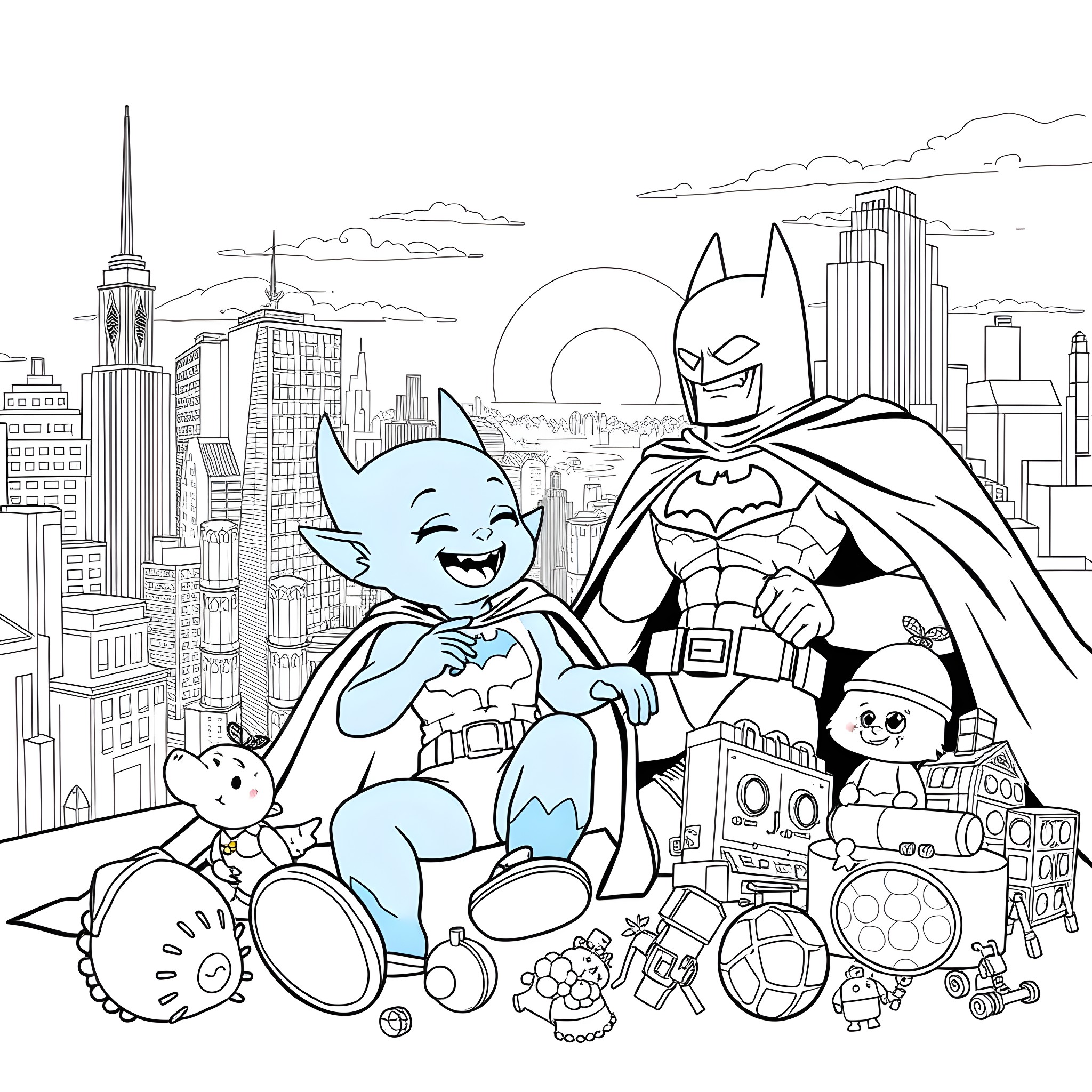 Bluey's Adventure in the City with Batman Coloring Page (free black-and-white line drawing printable PDF for all, from beginners to advanced learners, including children, teens, adults, and seniors)