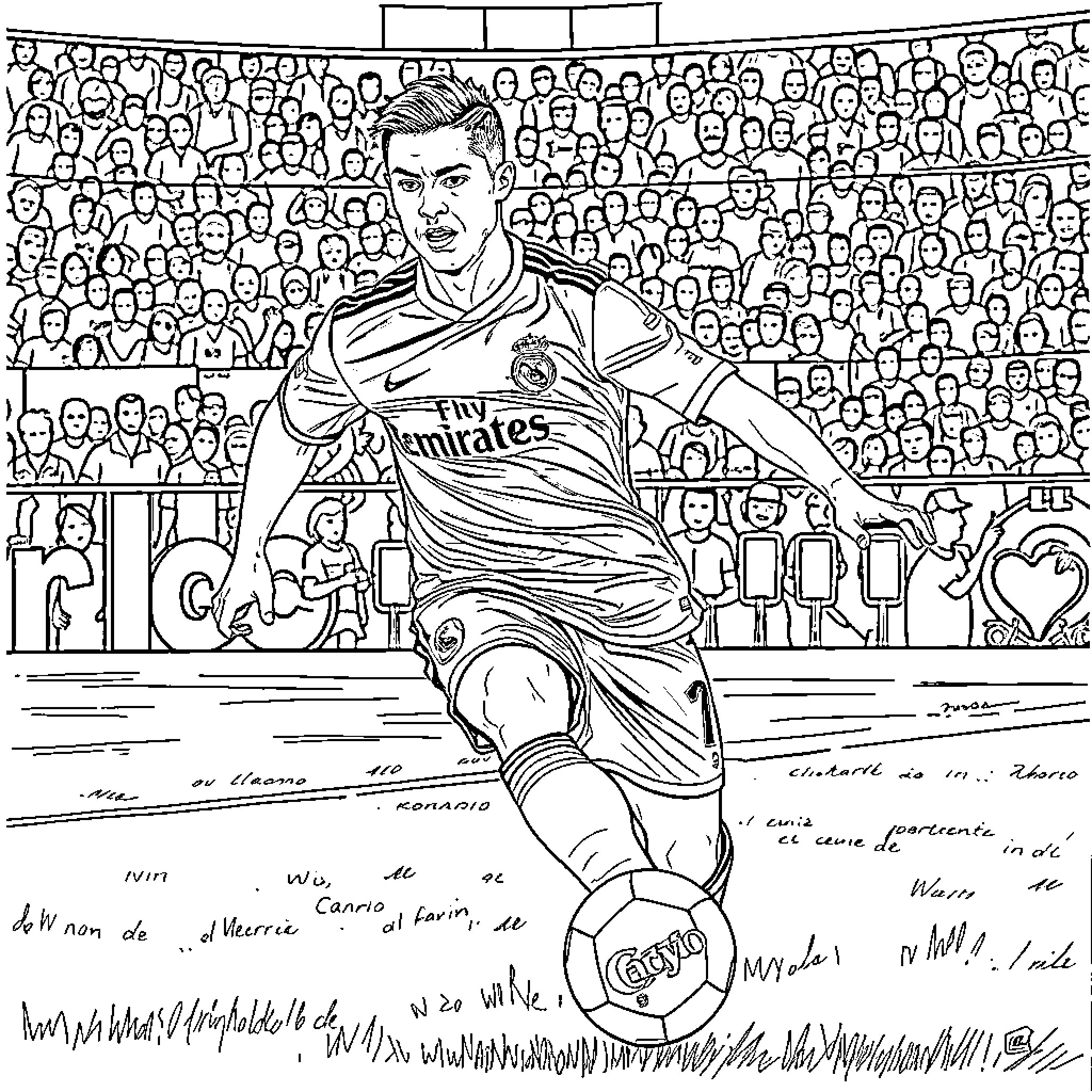 Cristiano Ronaldo playing football in a crowded stadium Coloring Page (free black-and-white line drawing printable PDF for all, from beginners to advanced learners, including children, teens, adults, and seniors)