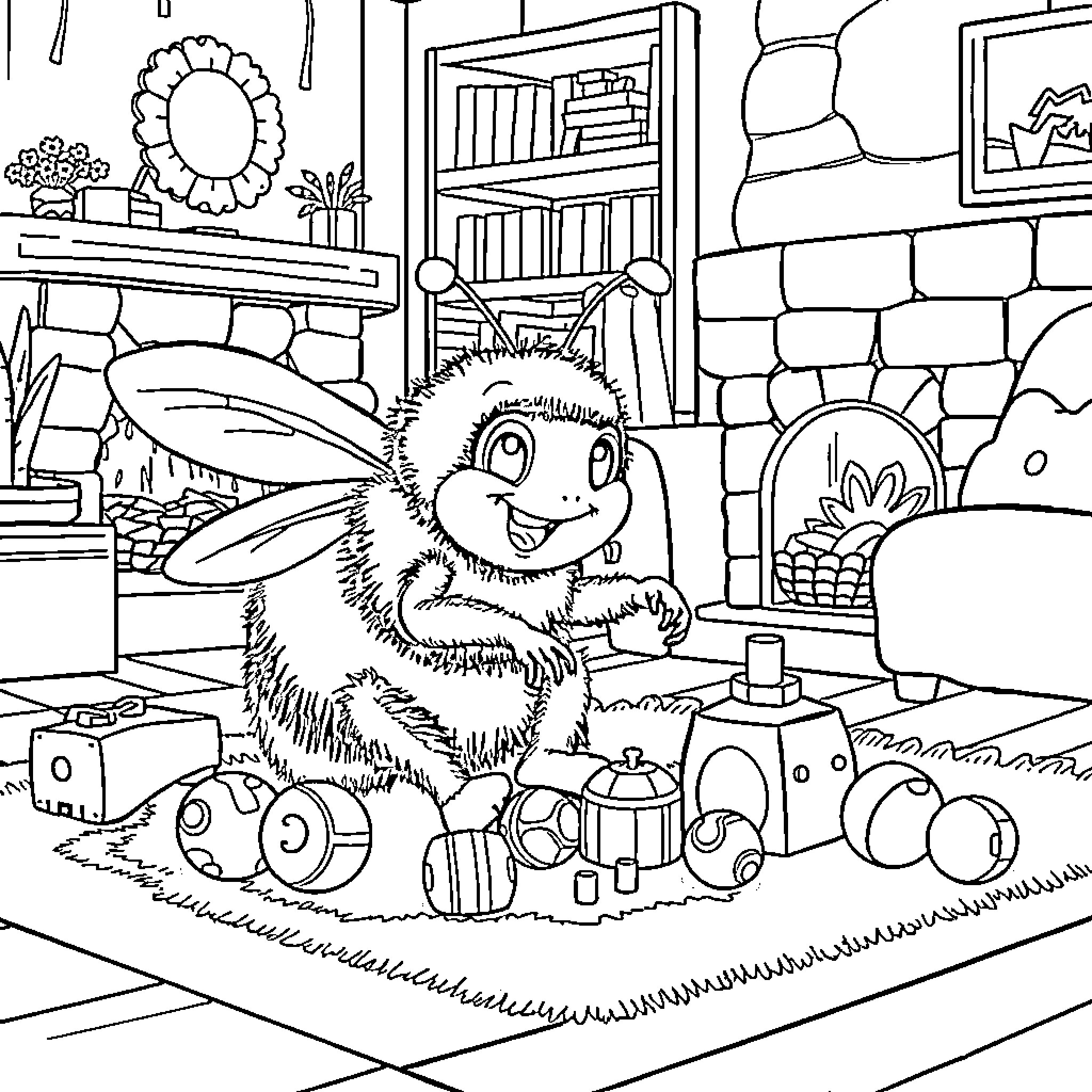 Bumblebee exploring a cozy indoor scene Coloring Page (free black-and-white line drawing printable PDF for all, from beginners to advanced learners, including children, teens, adults, and seniors)