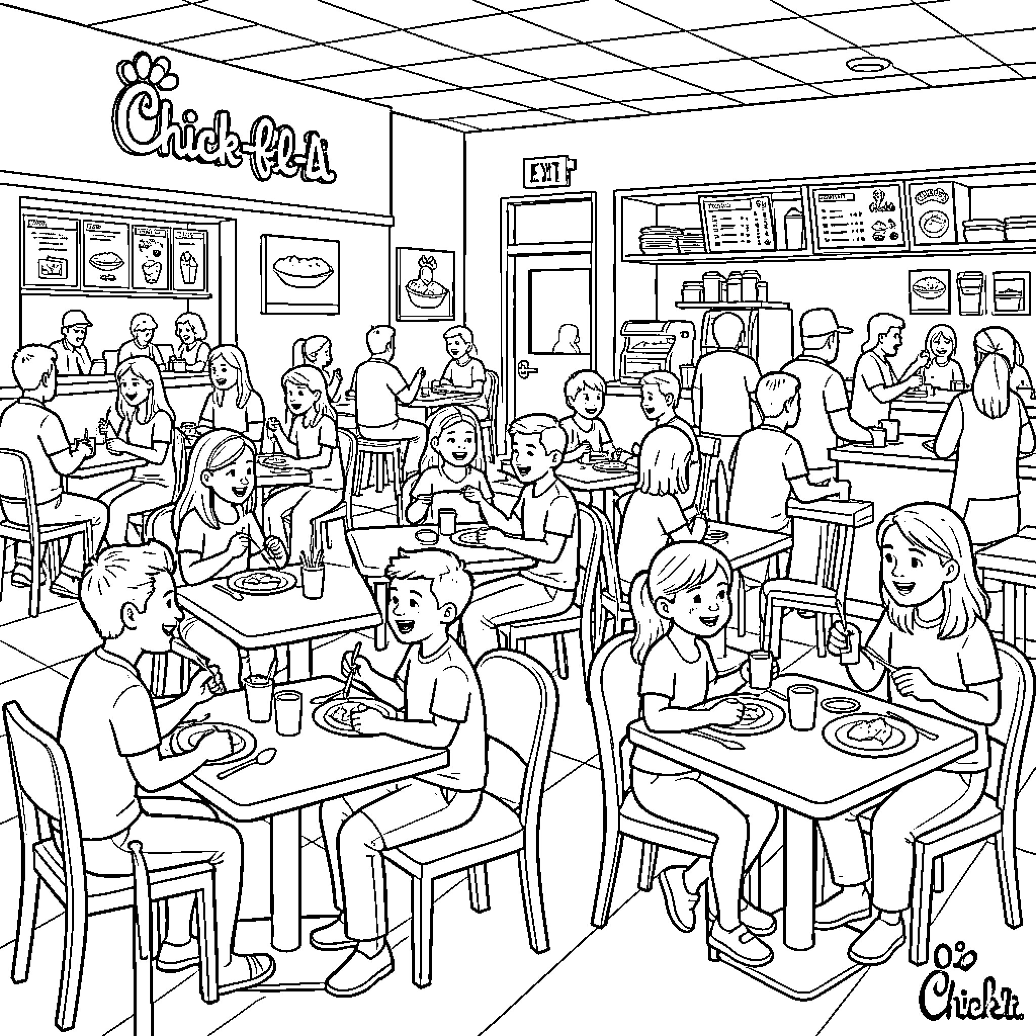 Chick-fil-A restaurant filled with people eating and dining Coloring Page (free black-and-white line drawing printable PDF for all, from beginners to advanced learners, including children, teens, adults, and seniors)