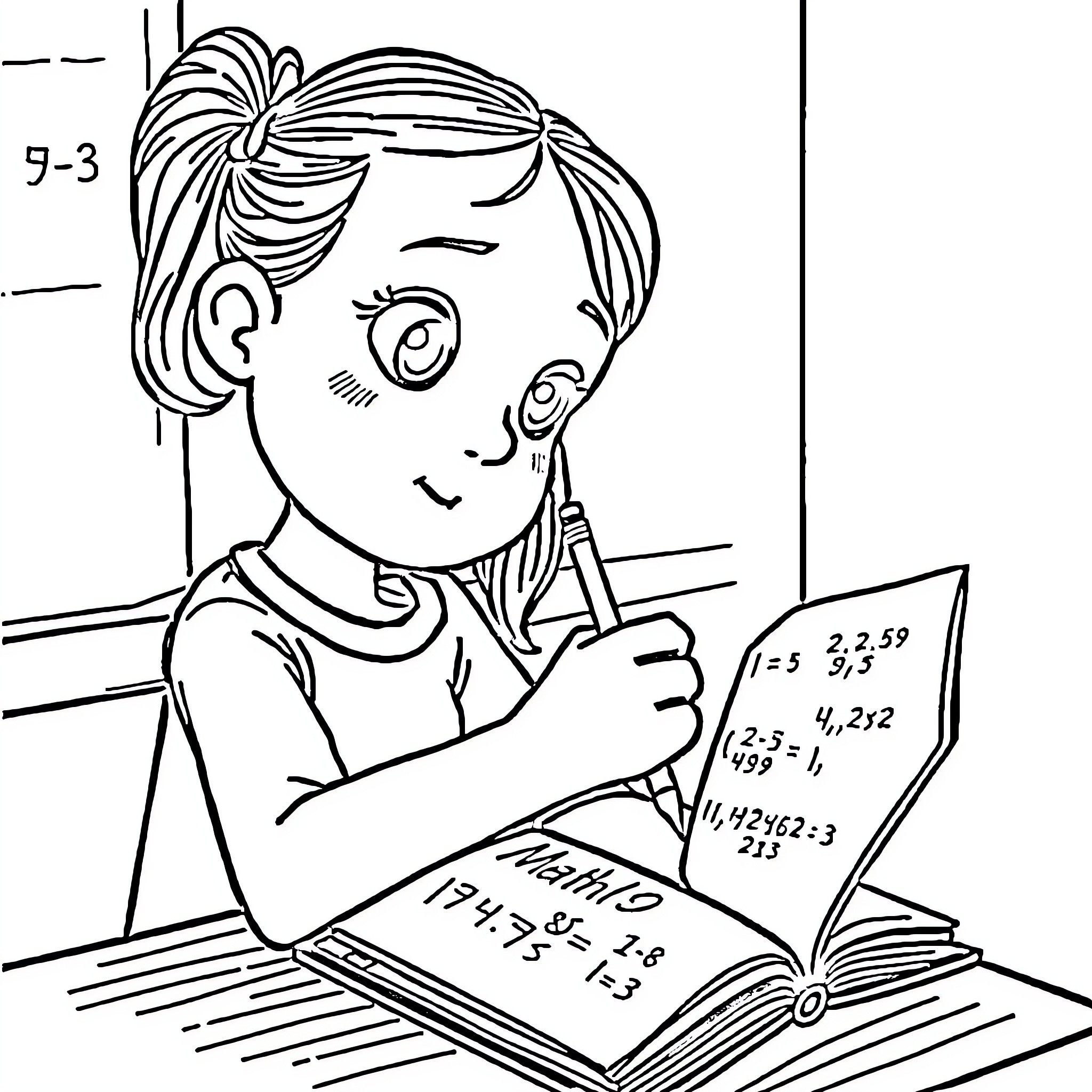 Girl studying math problems intently at her desk Coloring Page (free black-and-white line drawing printable PDF for all, from beginners to advanced learners, including children, teens, adults, and seniors)