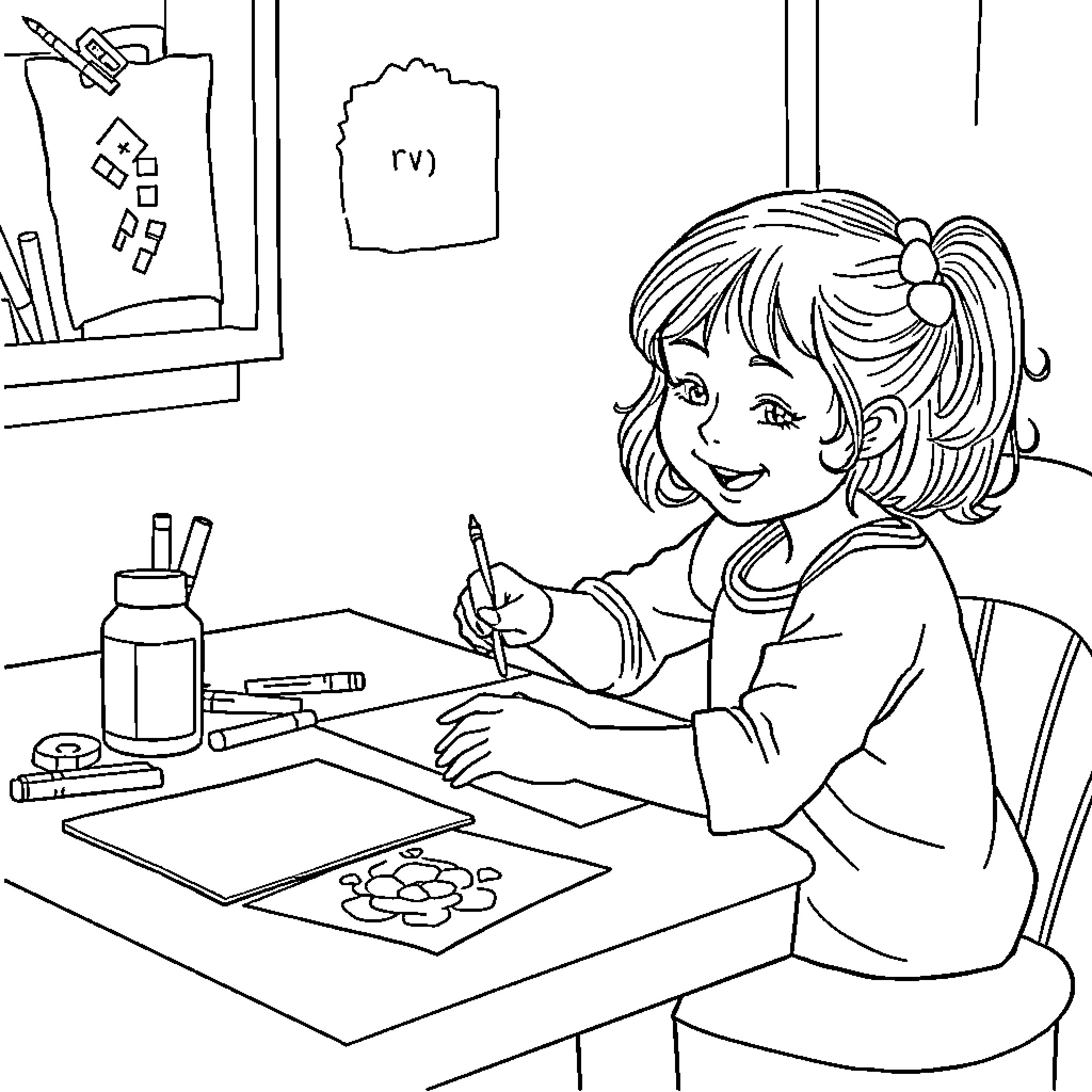 Girl drawing at her desk in classroom Coloring Page (free black-and-white line drawing printable PDF for all, from beginners to advanced learners, including children, teens, adults, and seniors)