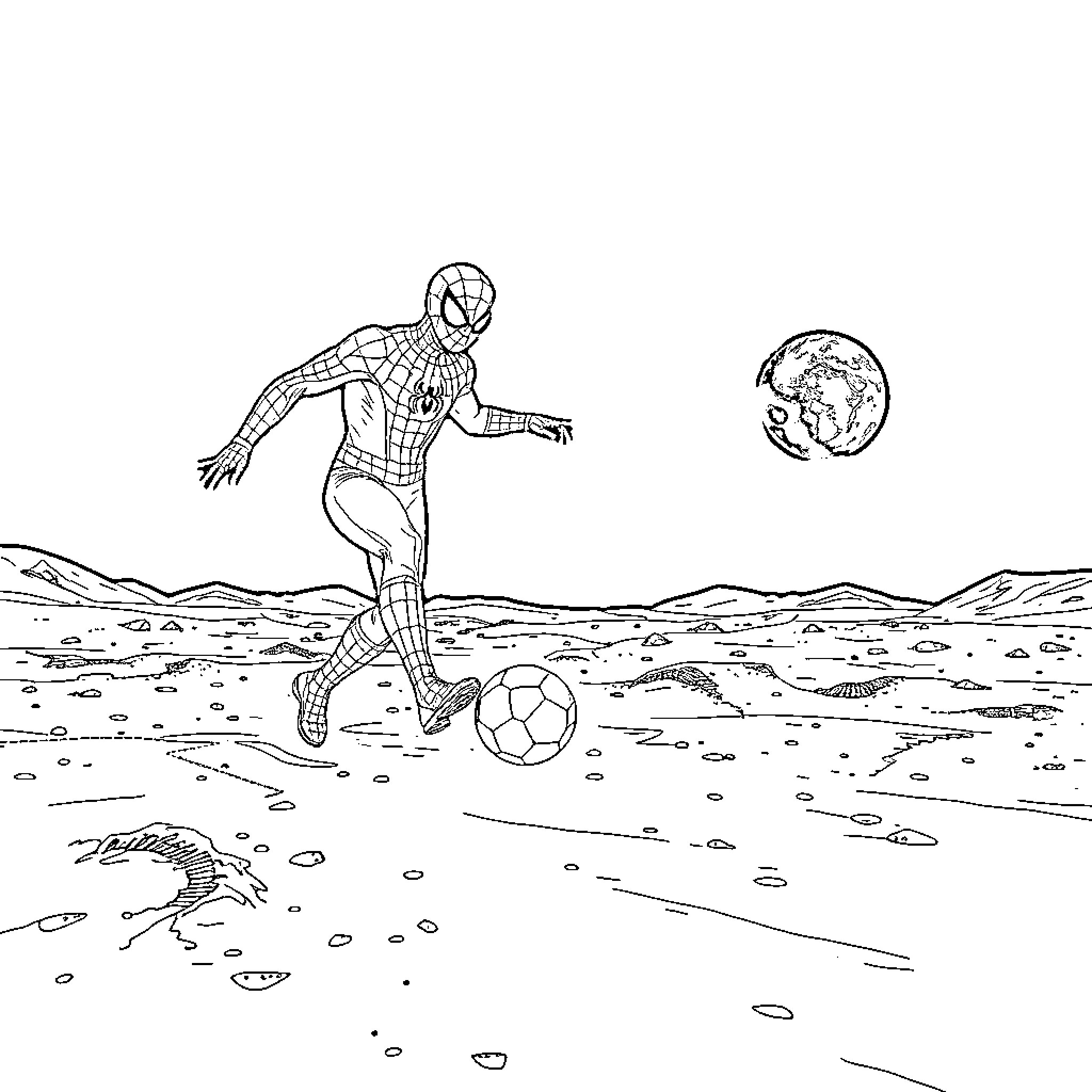 Spiderman playing soccer on the moon Coloring Page (free black-and-white line drawing printable PDF for all, from beginners to advanced learners, including children, teens, adults, and seniors)