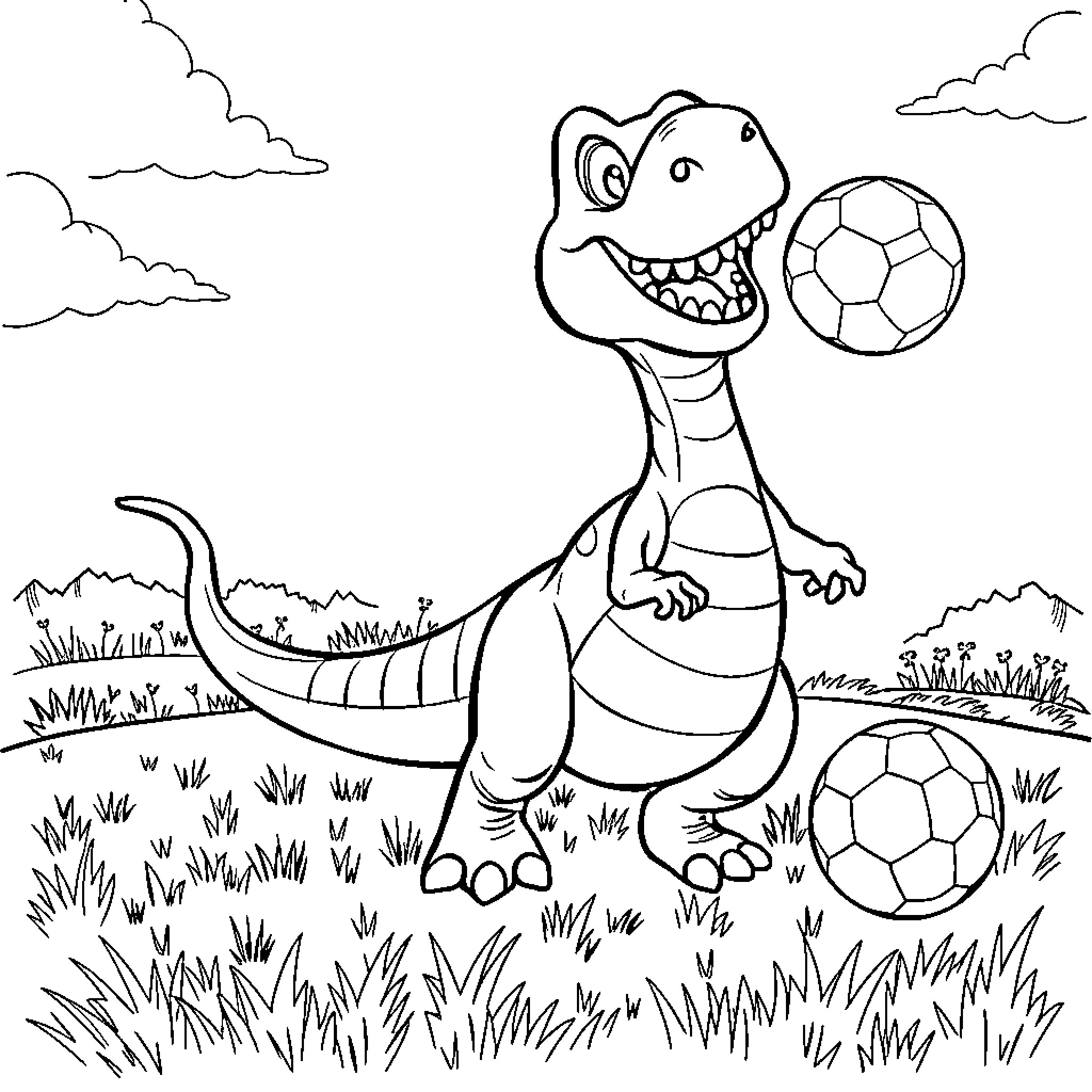 Dinosaur playing with soccer balls in a field Coloring Page (free black-and-white line drawing printable PDF for all, from beginners to advanced learners, including children, teens, adults, and seniors)