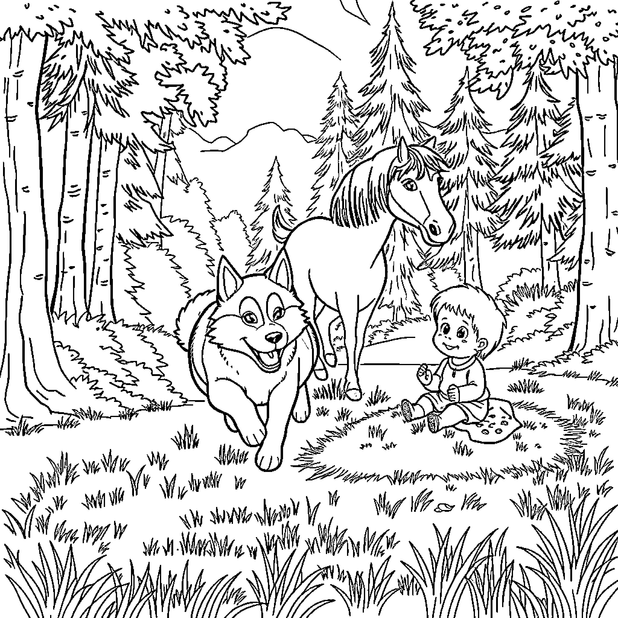 Husky and child playing in the forest Coloring Page (free black-and-white line drawing printable PDF for all, from beginners to advanced learners, including children, teens, adults, and seniors)