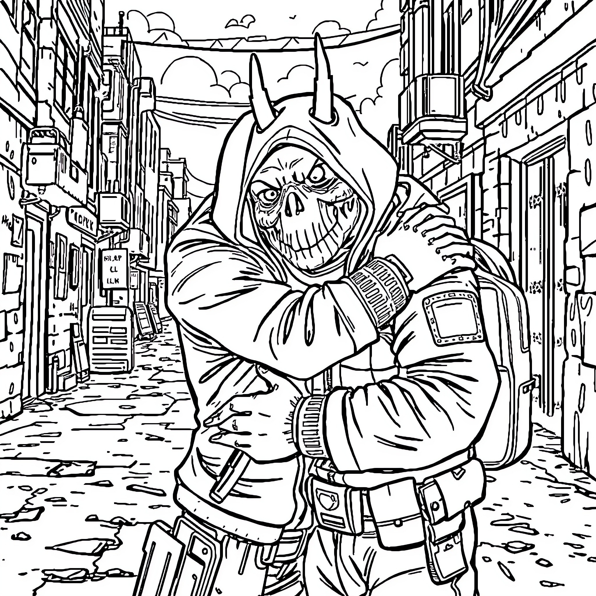 KILLA Menacing Vigilante in Gritty Urban Alley Coloring Page (free black-and-white line drawing printable PDF for all, from beginners to advanced learners, including children, teens, adults, and seniors)