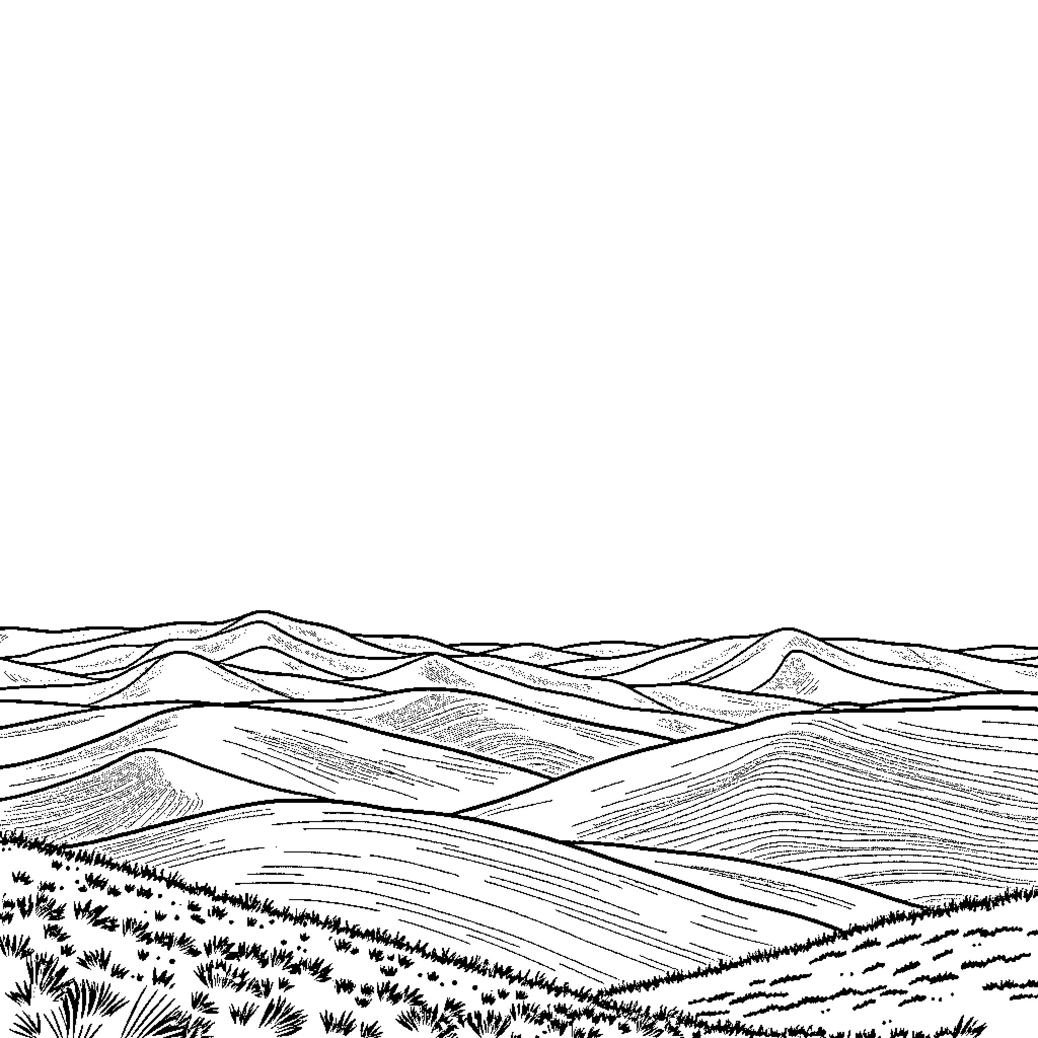 Landscape with rolling hills and grassy terrain Coloring Page (free black-and-white line drawing printable PDF for all, from beginners to advanced learners, including children, teens, adults, and seniors)