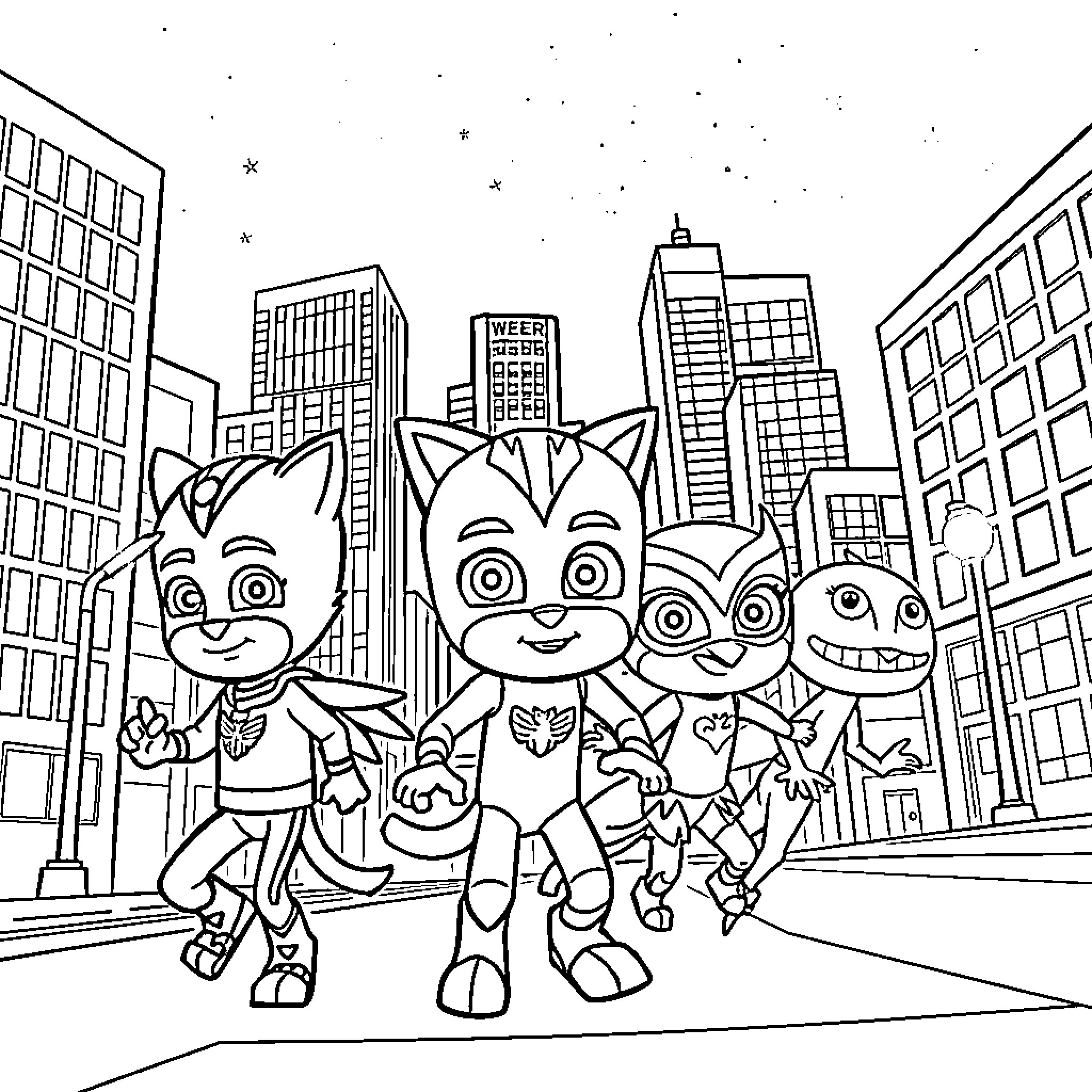 Pj Mask characters exploring the city Coloring Page (free black-and-white line drawing printable PDF for all, from beginners to advanced learners, including children, teens, adults, and seniors)