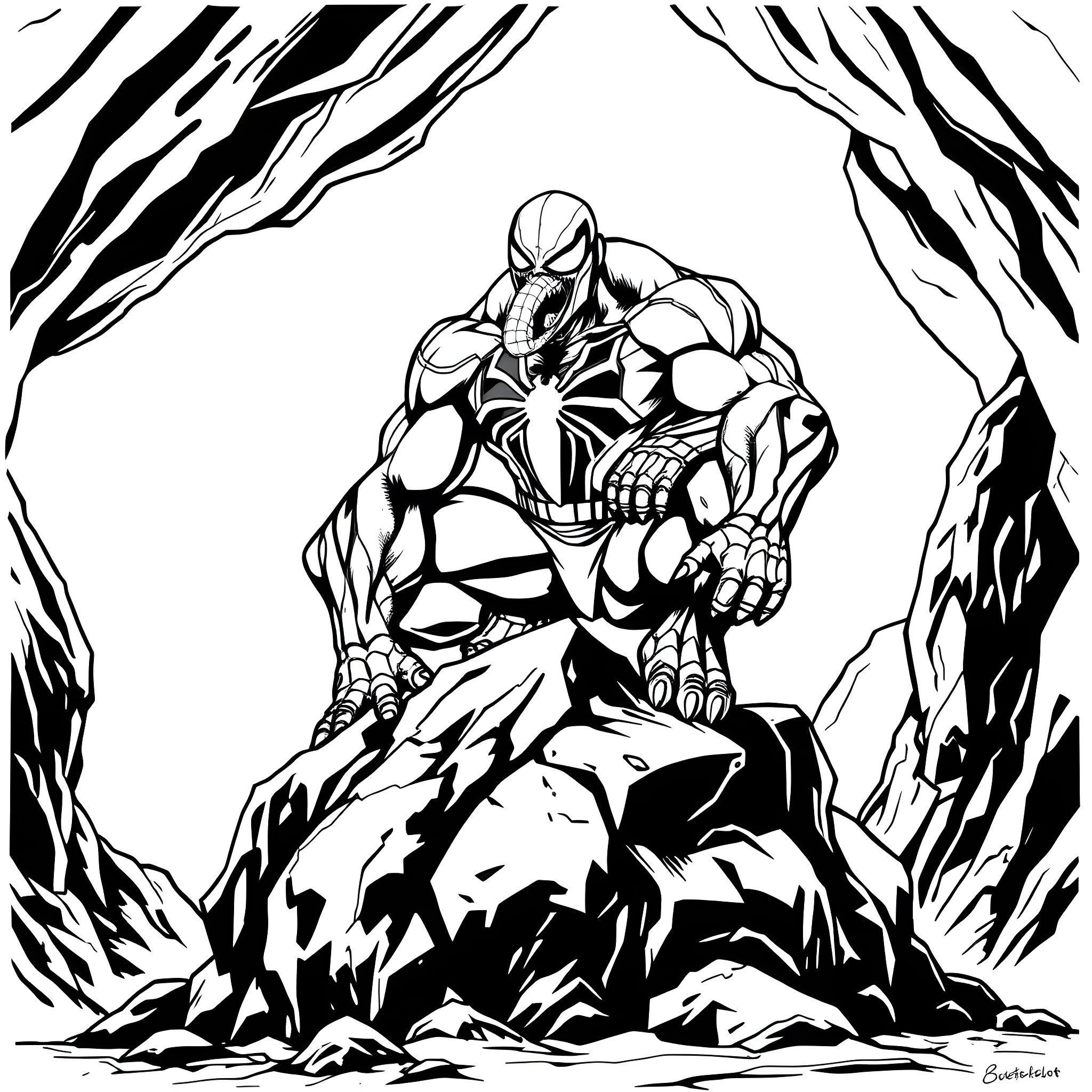 Venom unleashed in a rugged environment Coloring Page (free black-and-white line drawing printable PDF for all, from beginners to advanced learners, including children, teens, adults, and seniors)