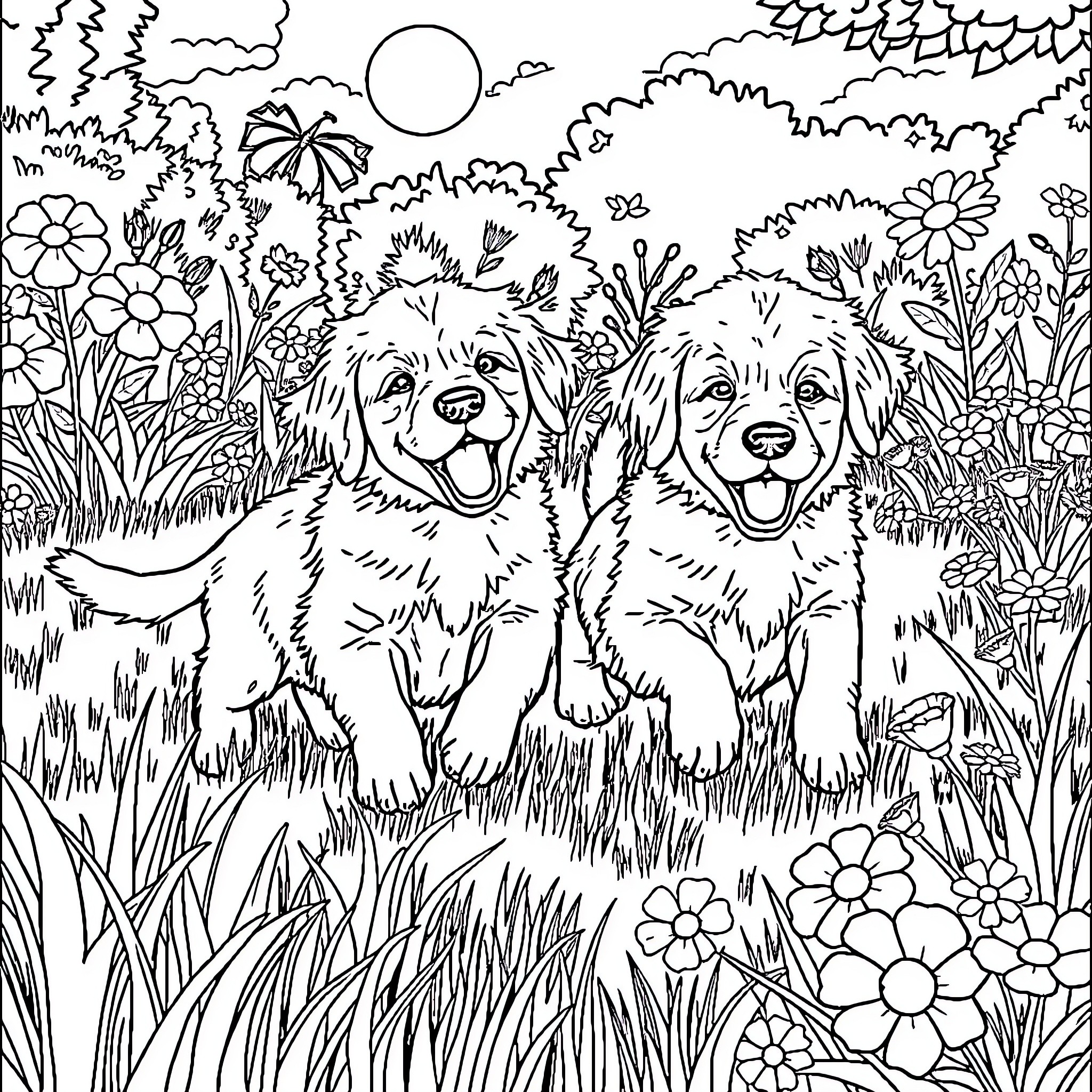 Puppy Pals Frolicking in the Flowery Field Coloring Page (free black-and-white line drawing printable PDF for all, from beginners to advanced learners, including children, teens, adults, and seniors)
