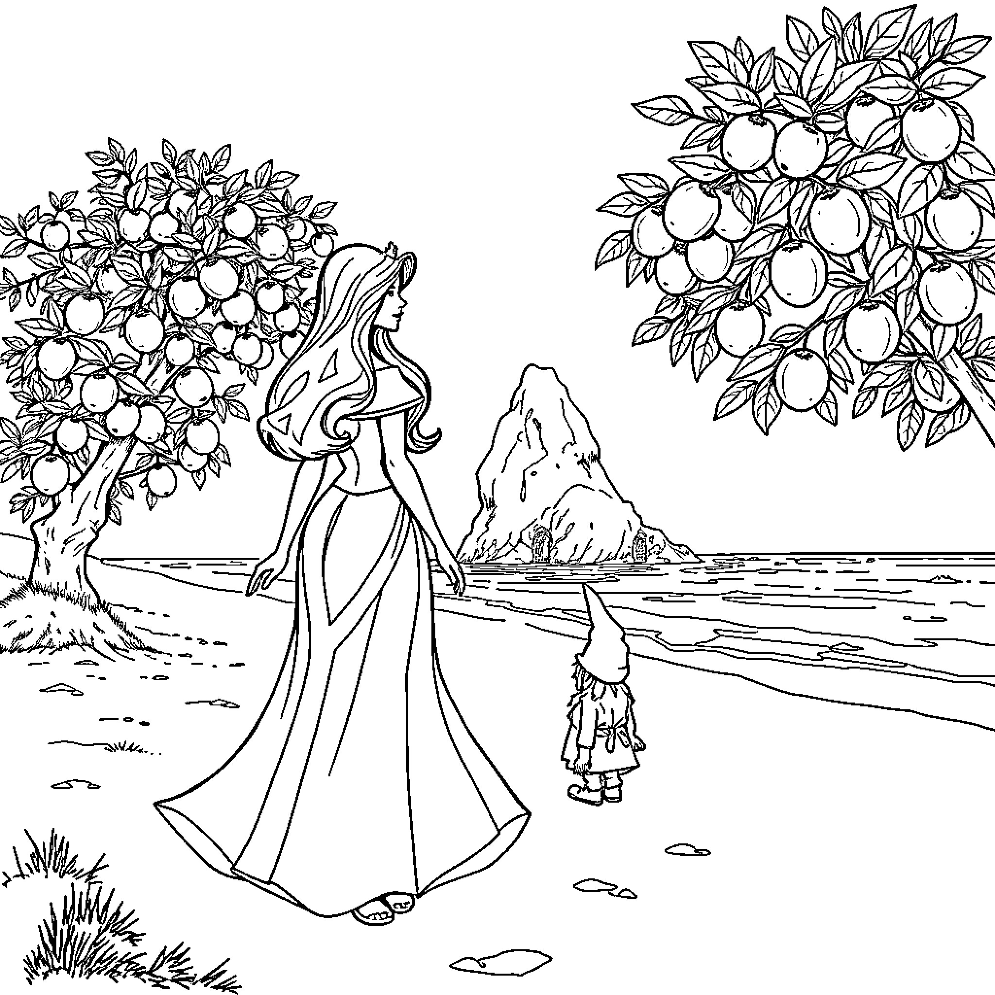 Princess Exploring the Enchanted Landscape Coloring Page (free black-and-white line drawing printable PDF for all, from beginners to advanced learners, including children, teens, adults, and seniors)