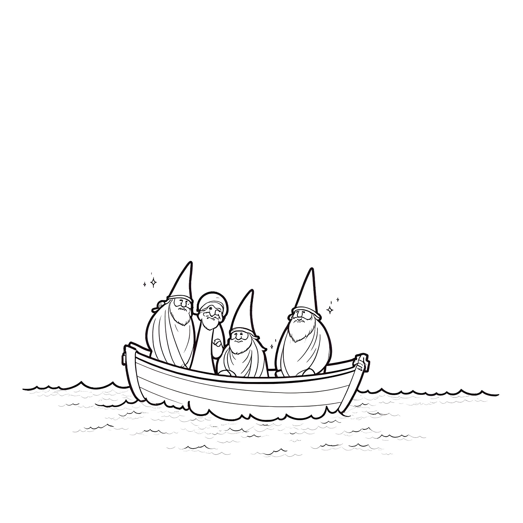 Gnomes sailing in a boat Coloring Page (free black-and-white line drawing printable PDF for all, from beginners to advanced learners, including children, teens, adults, and seniors)