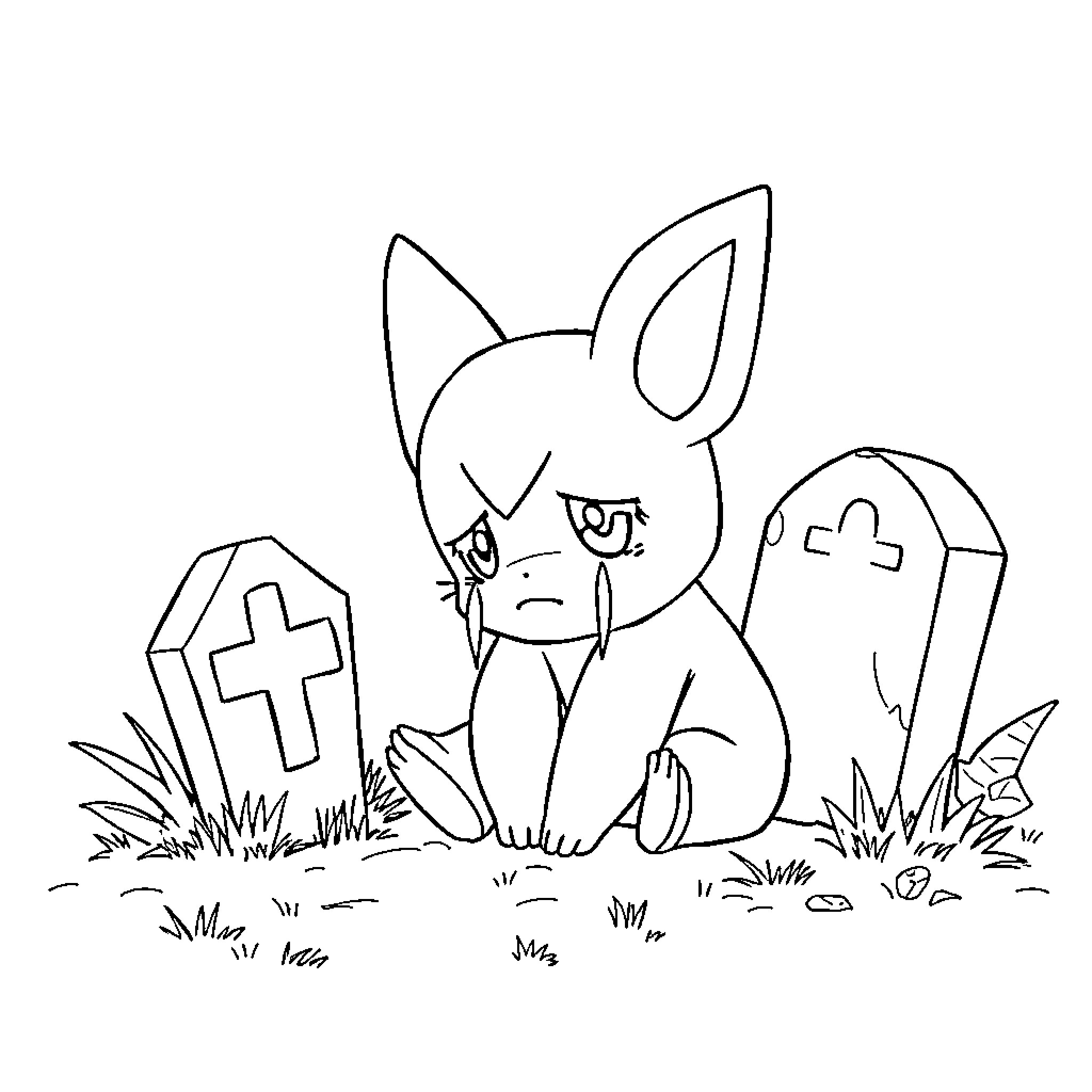 Cubone sitting sadly in a graveyard Coloring Page (free black-and-white line drawing printable PDF for all, from beginners to advanced learners, including children, teens, adults, and seniors)
