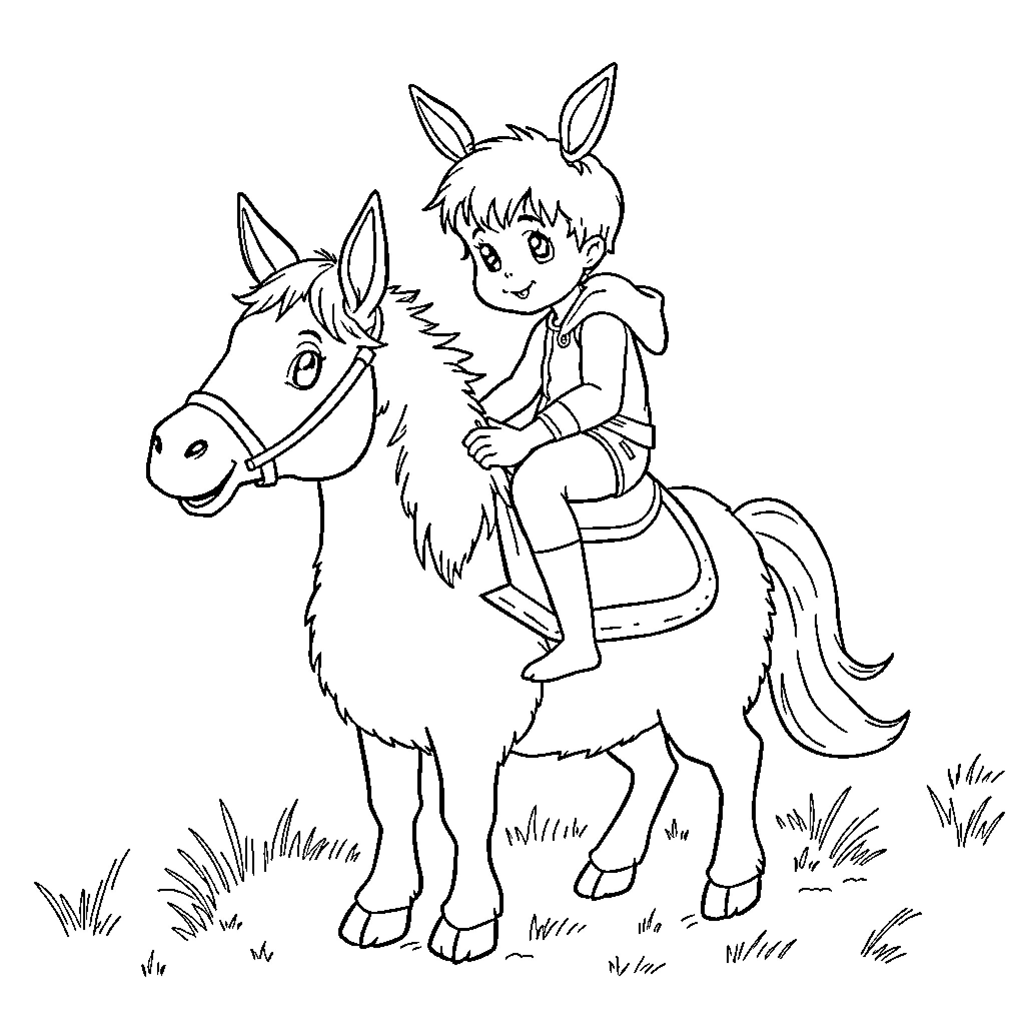 Horse Carrying a Happy Child Coloring Page (free black-and-white line drawing printable PDF for all, from beginners to advanced learners, including children, teens, adults, and seniors)