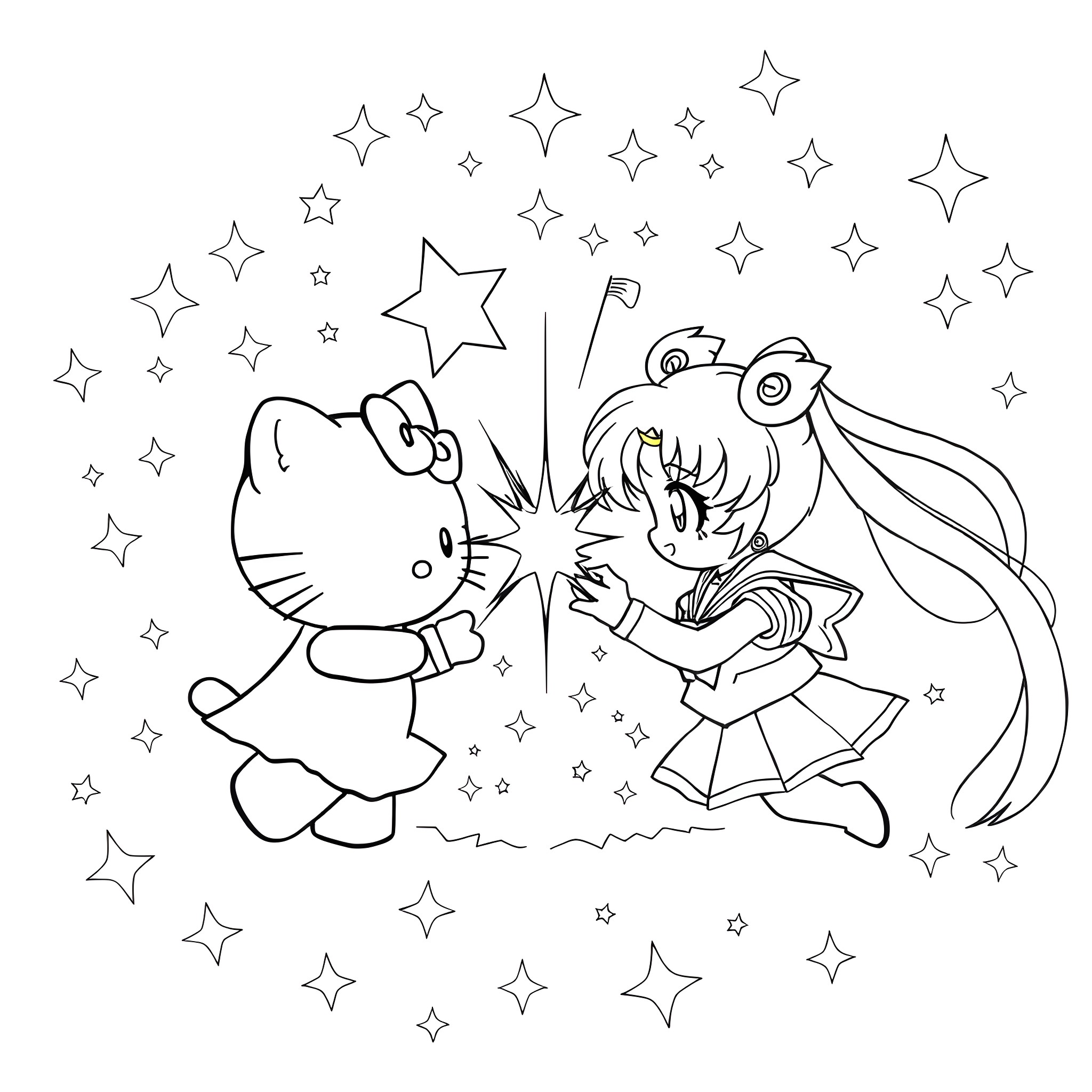 Hello Kitty and Sailor Moon sparkling with stars Coloring Page (free black-and-white line drawing printable PDF for all, from beginners to advanced learners, including children, teens, adults, and seniors)
