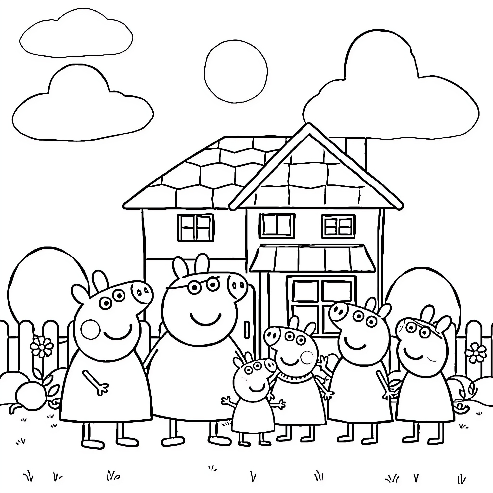Peppa Pig family enjoying outdoor time at home Coloring Page (free black-and-white line drawing printable PDF for all, from beginners to advanced learners, including children, teens, adults, and seniors)