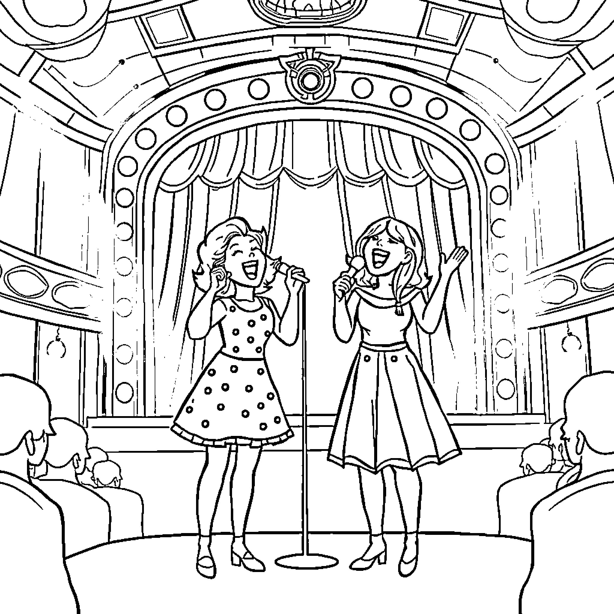 Connie and Carla performing on stage Coloring Page (free black-and-white line drawing printable PDF for all, from beginners to advanced learners, including children, teens, adults, and seniors)