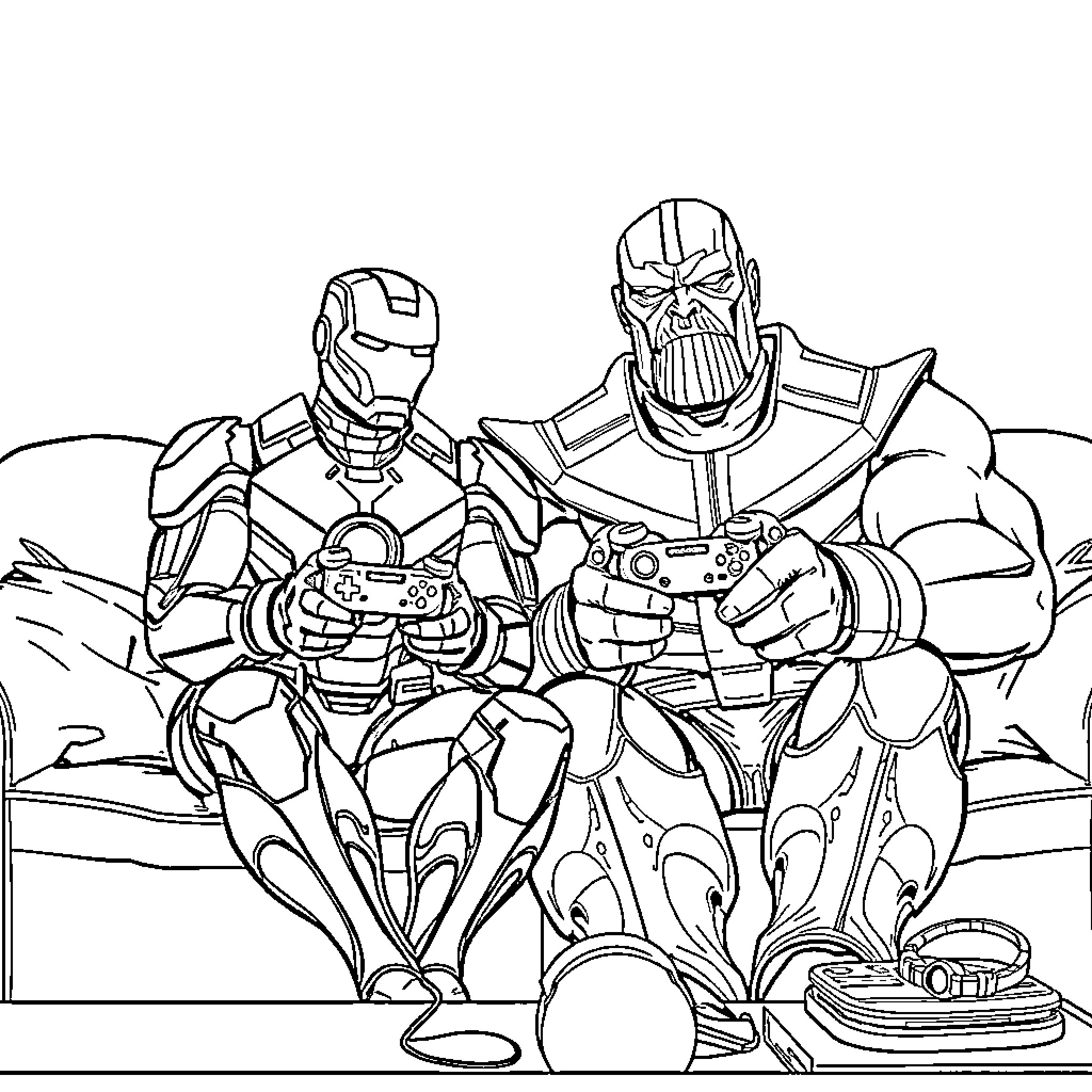 Ironman and Thanos face off in epic battle Coloring Page (free black-and-white line drawing printable PDF for all, from beginners to advanced learners, including children, teens, adults, and seniors)