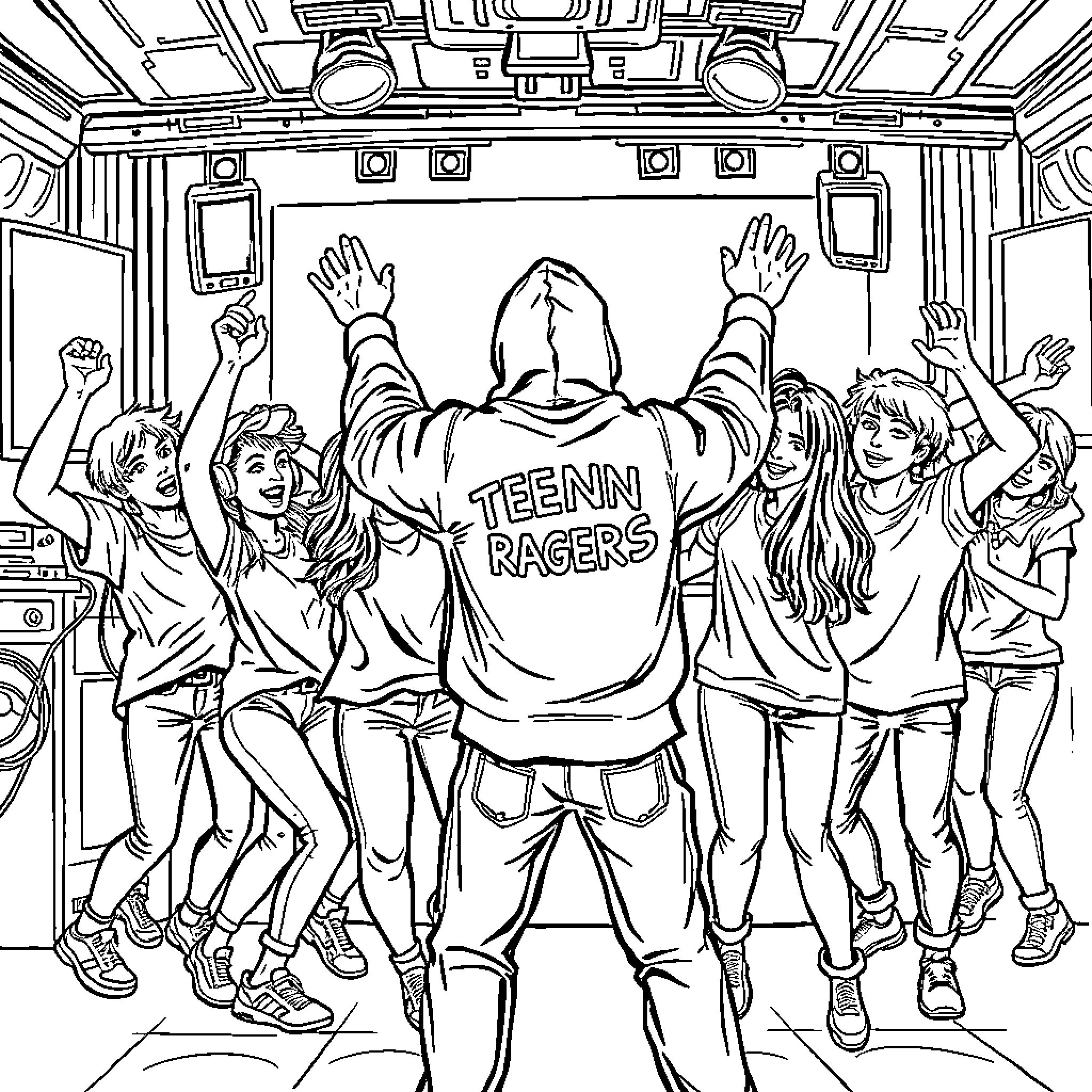 Teenagers celebrating at a concert Coloring Page (free black-and-white line drawing printable PDF for all, from beginners to advanced learners, including children, teens, adults, and seniors)