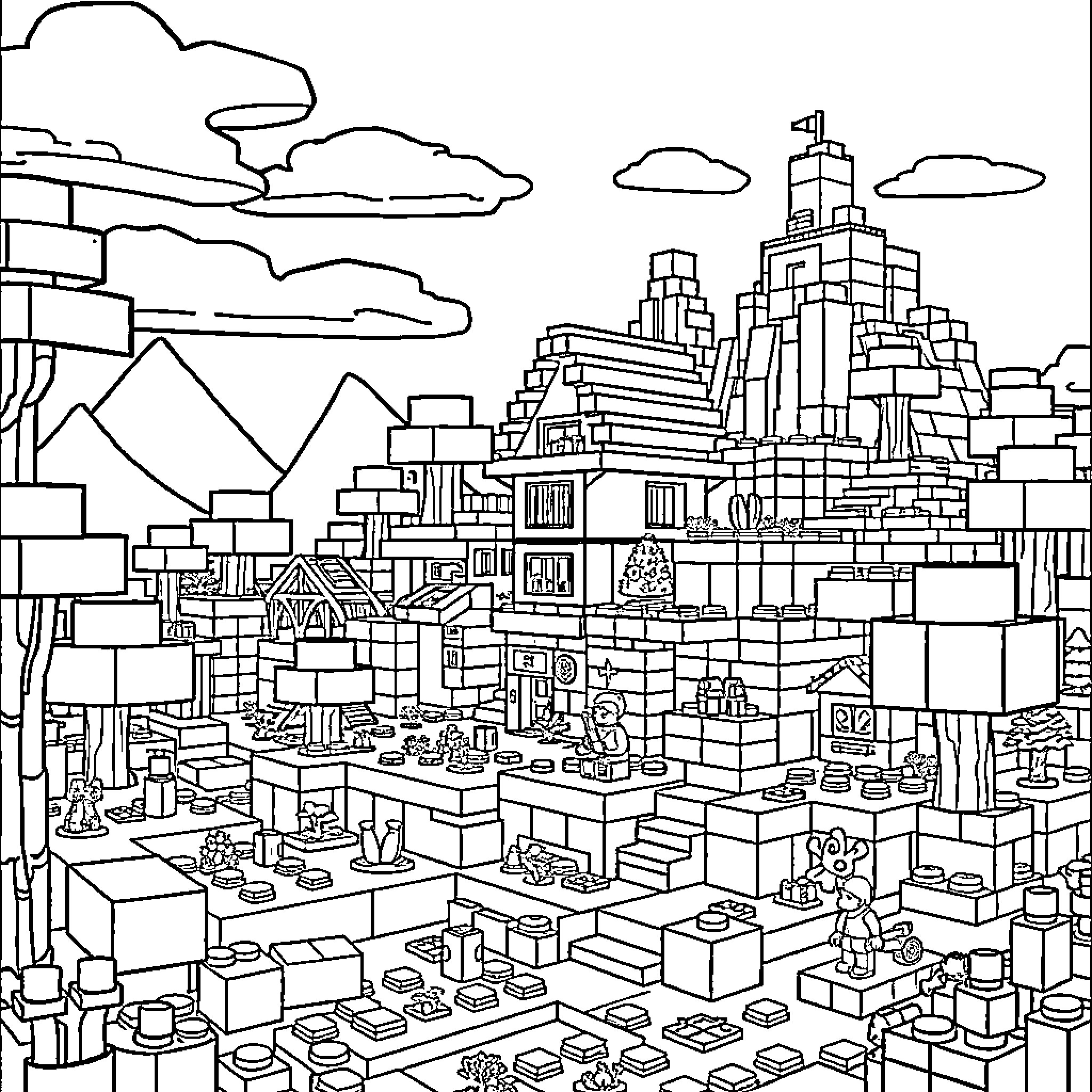 Minecraft cityscape with towering structures and diverse landscape Coloring Page (free black-and-white line drawing printable PDF for all, from beginners to advanced learners, including children, teens, adults, and seniors)