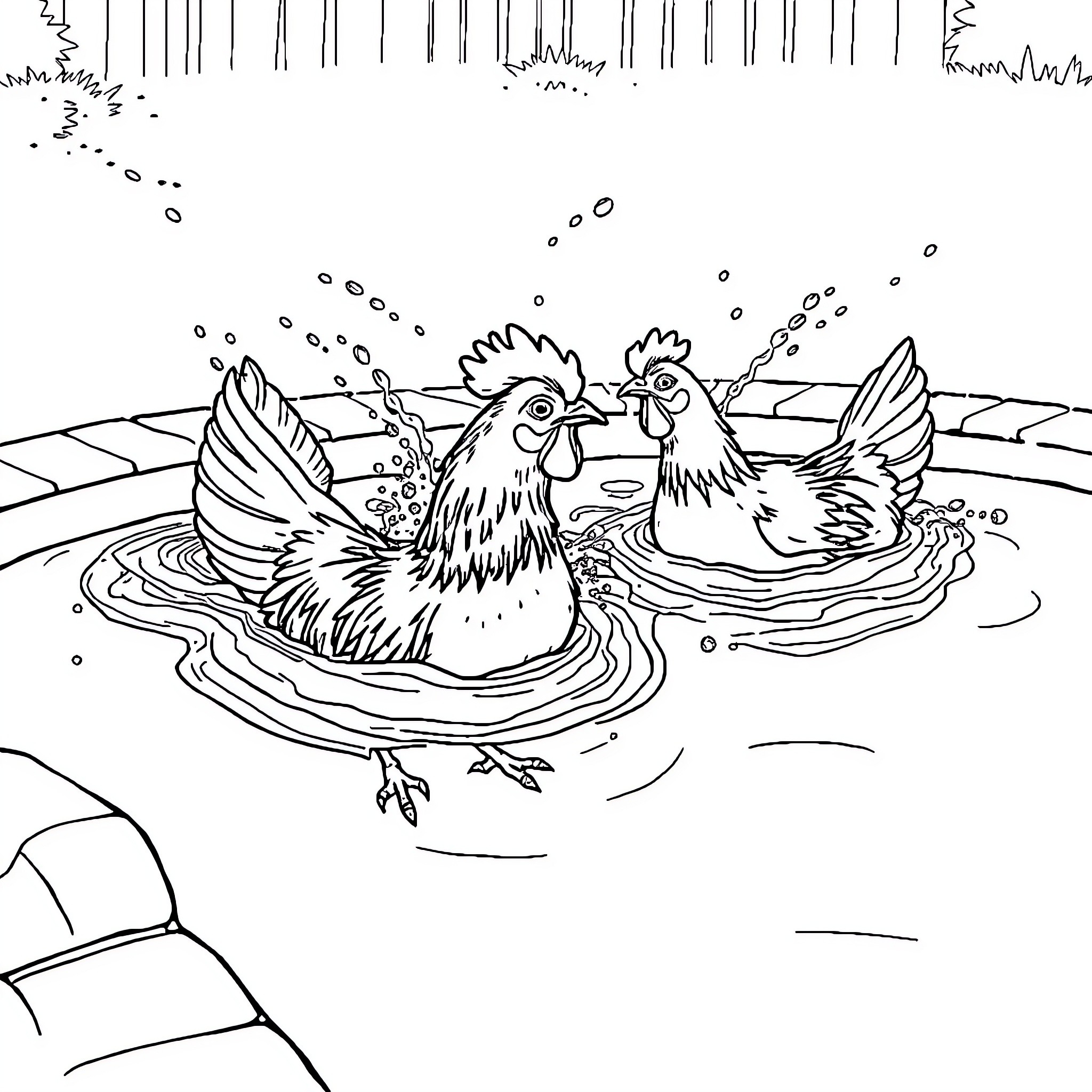 Chicken duo splashing in the water Coloring Page (free black-and-white line drawing printable PDF for all, from beginners to advanced learners, including children, teens, adults, and seniors)