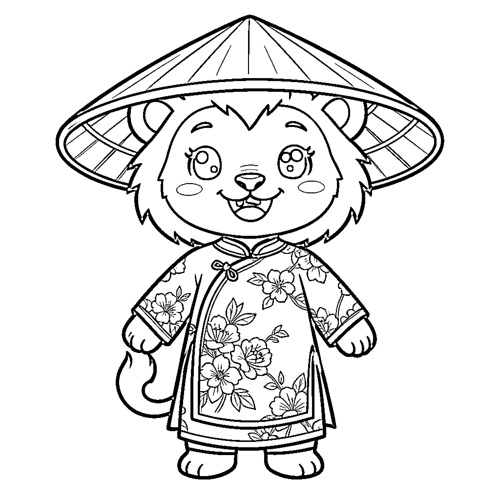 Lion in traditional Asian outfit with floral pattern Coloring Page (free black-and-white line drawing printable PDF for all, from beginners to advanced learners, including children, teens, adults, and seniors)