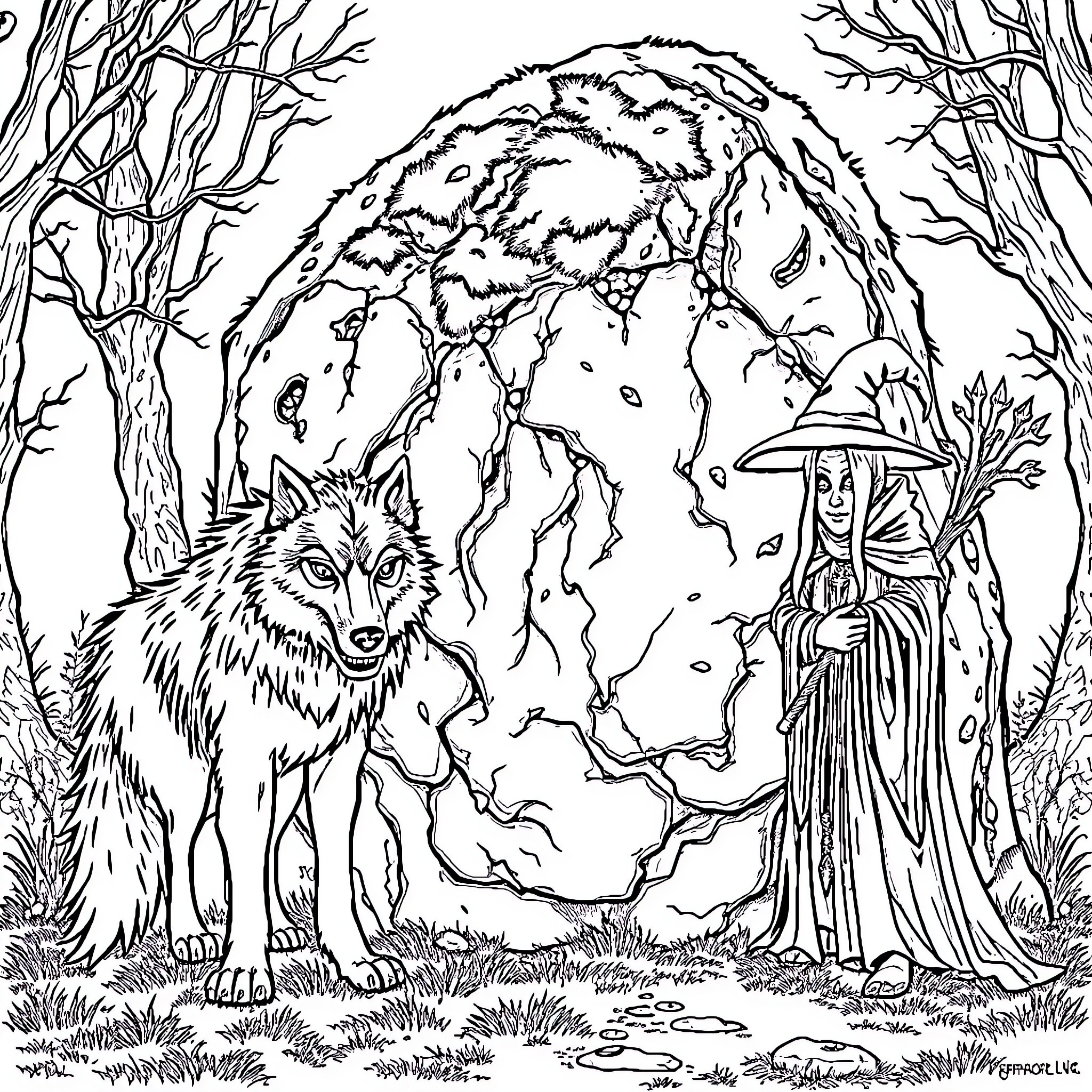 Wolf in a Mystical Forest with Wizard Coloring Page (free black-and-white line drawing printable PDF for all, from beginners to advanced learners, including children, teens, adults, and seniors)