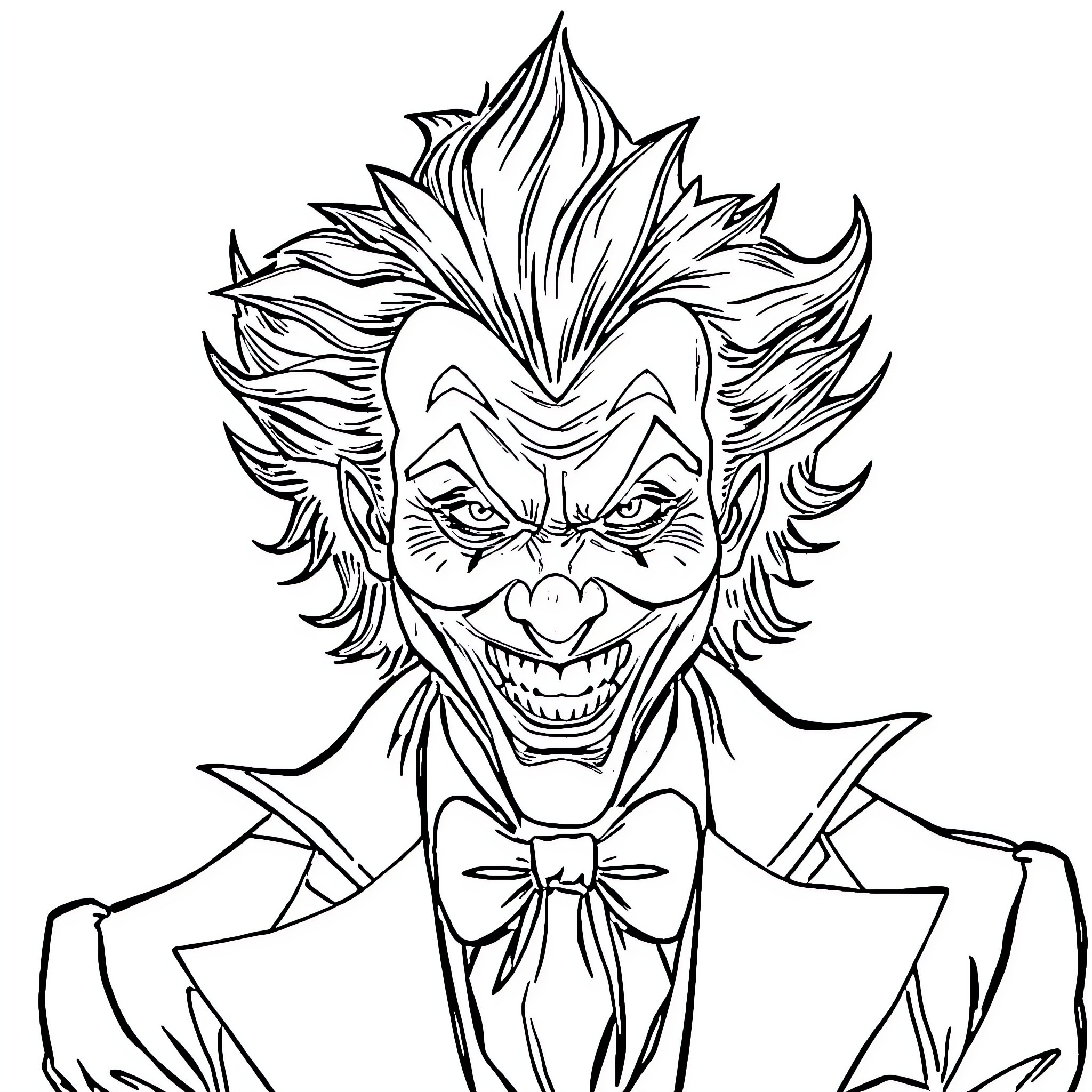 Joker's Mischievous Grin and Eccentric Attire Coloring Page (free black-and-white line drawing printable PDF for all, from beginners to advanced learners, including children, teens, adults, and seniors)