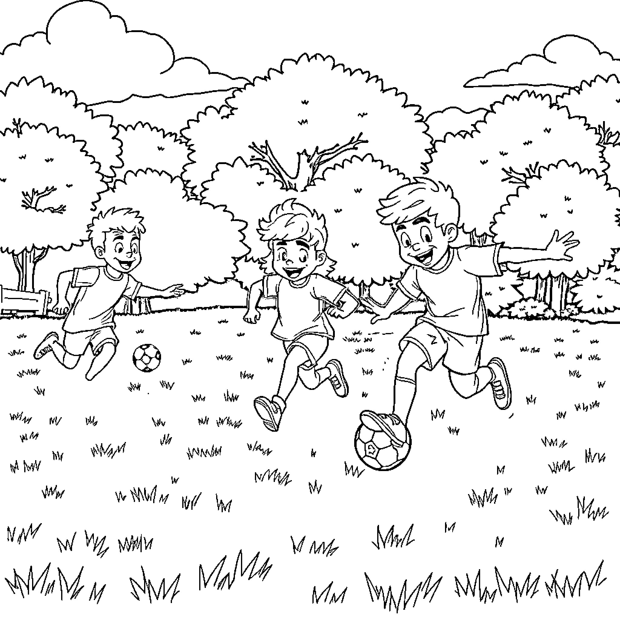 Naturo Children Playing Soccer in Park Coloring Page (free black-and-white line drawing printable PDF for all, from beginners to advanced learners, including children, teens, adults, and seniors)