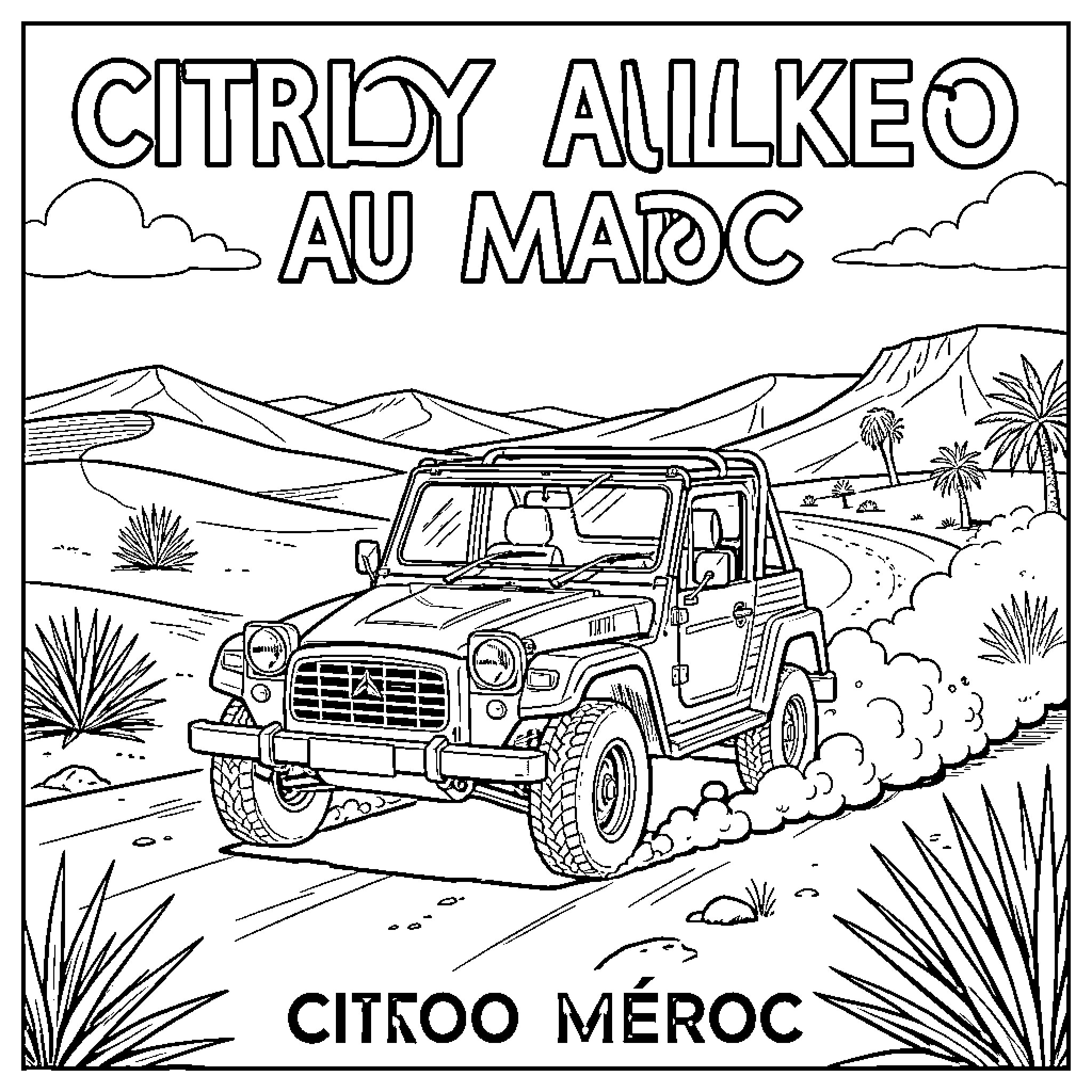 Citroen driving through a vast desert landscape Coloring Page (free black-and-white line drawing printable PDF for all, from beginners to advanced learners, including children, teens, adults, and seniors)