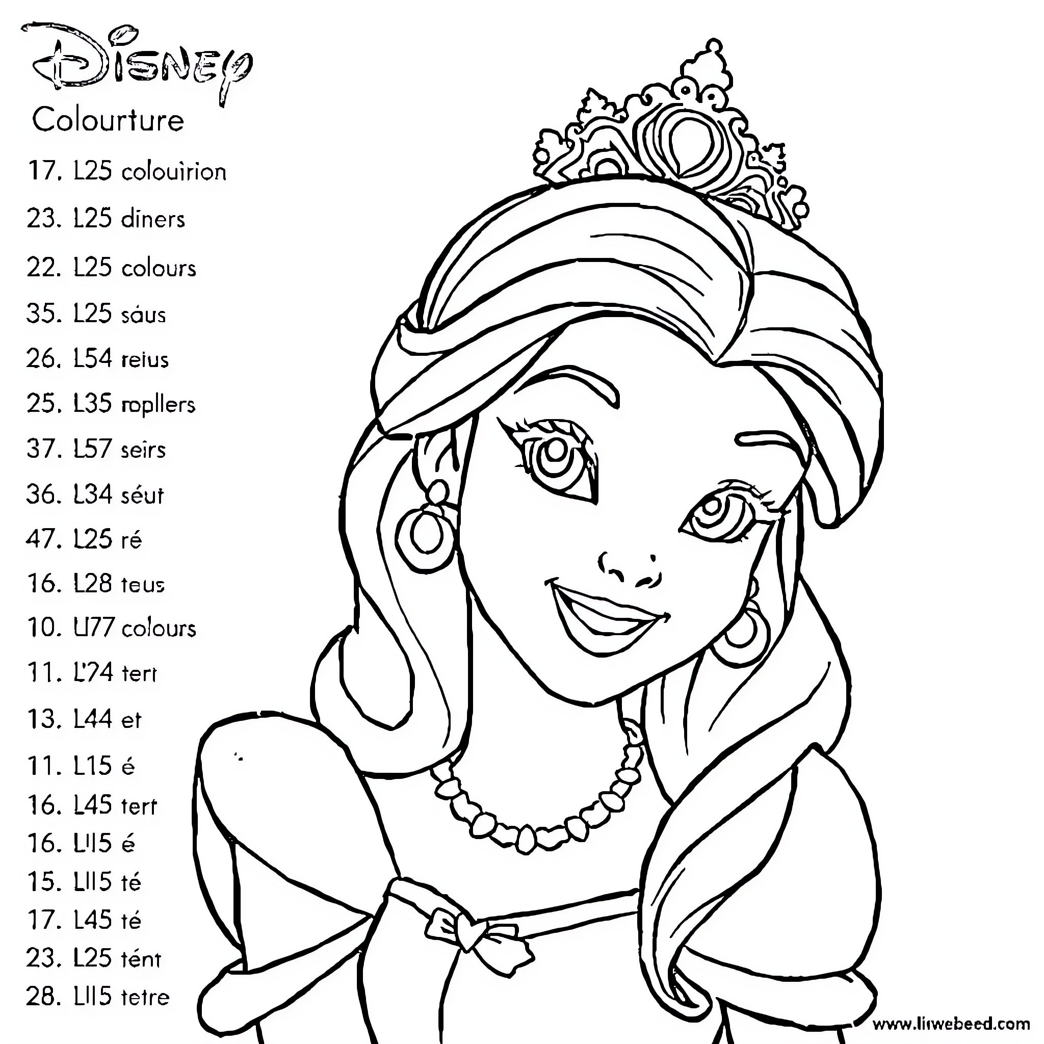 Disney Princess in Elegant Dress and Tiara Coloring Page (free black-and-white line drawing printable PDF for all, from beginners to advanced learners, including children, teens, adults, and seniors)